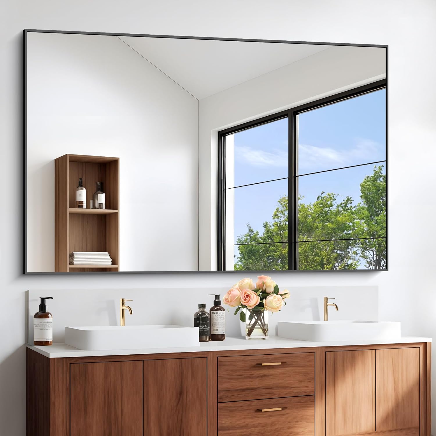 Black Bathroom Mirror for Wall, 60x36 Inch Rectangle Mirrors with Metal Frame, Modern Vanity Wall Mirror Decor for Entryway Hangs, Bathroom Living Room Horizontal or Vertical Rectangle Corner 60×36 inch