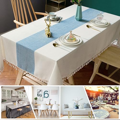Miniatura 4 de Deep Dream Mantel bordado de lino de algodón sin arrugas, lavable, a prueba de polvo, para cocina, comedor, fiesta (rectangular, 55 x 102 pulgadas,