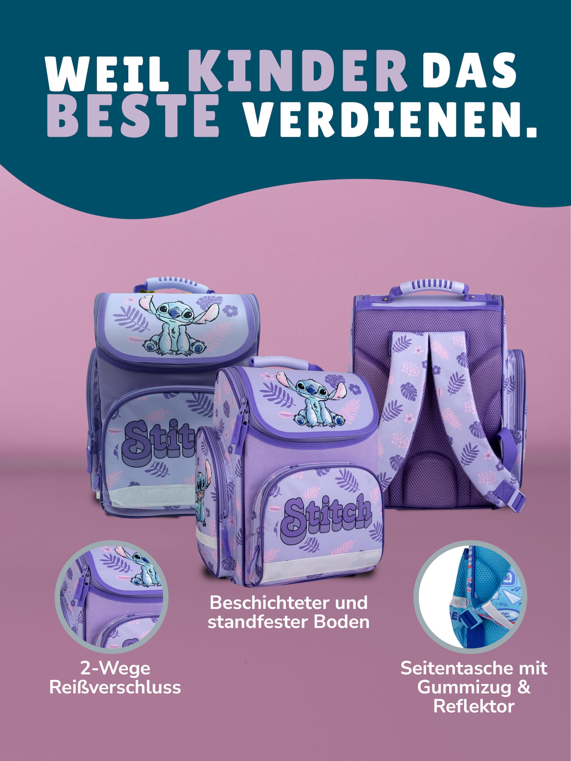 Familando - Schulranzen Set - 6-teilig mit Sporttasche - Disneys Lilo und Stitch - Ergonomisch, stabil & mit gepolstertem Rücken - 930g leicht - 15L Volumen - Mit Reflektoren - 1. Klasse