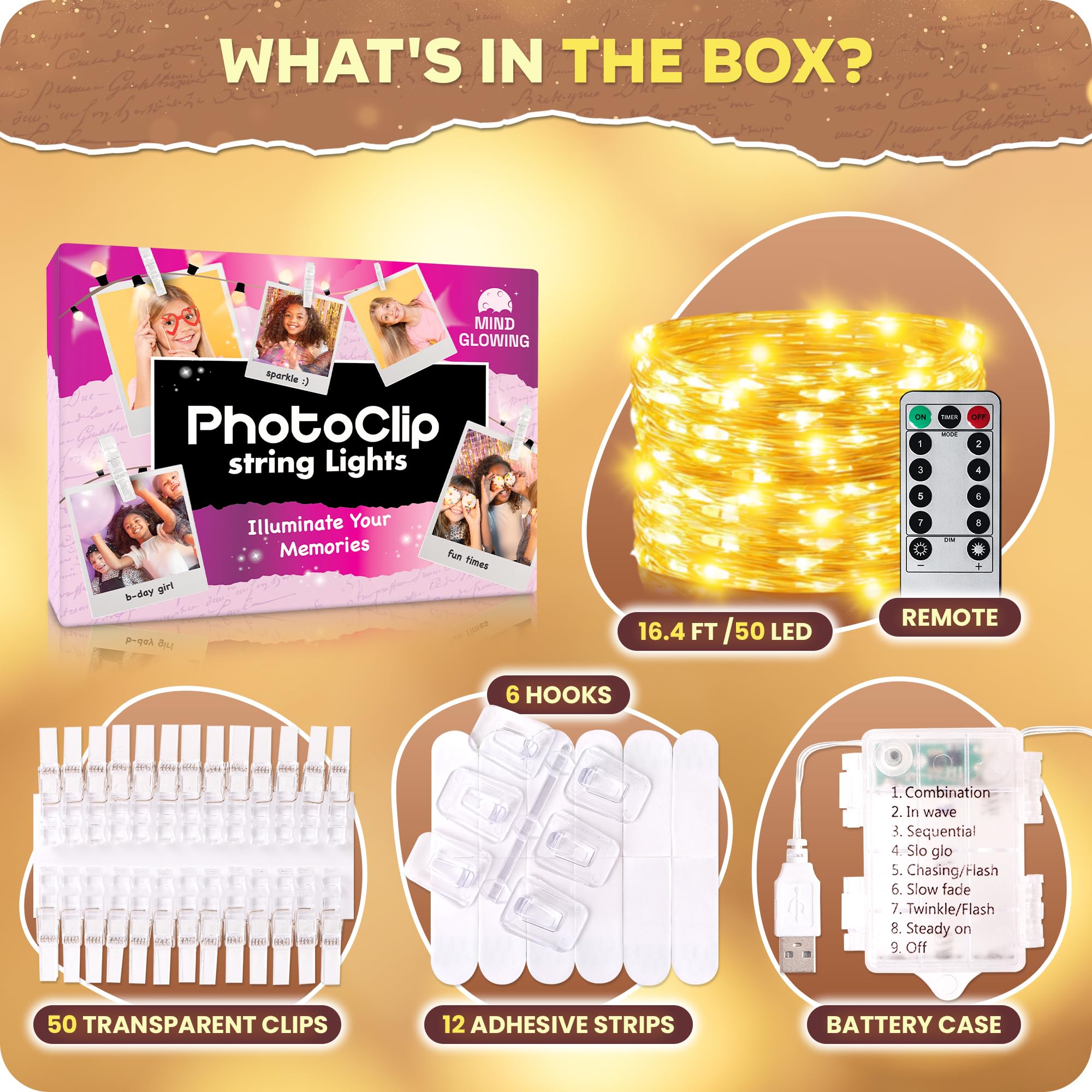 Photo Clips String Light - Copper String Lights (16.4ft) with 50 Transparent Clips & 50 Warm White LED - Fairy Lights with.