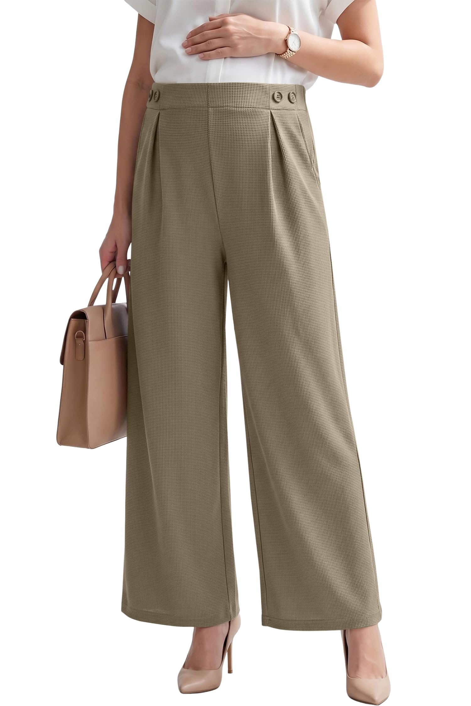 BLENCOT Maternity Pants Work Waffle Knit Wide Leg Pregnancy Trousers