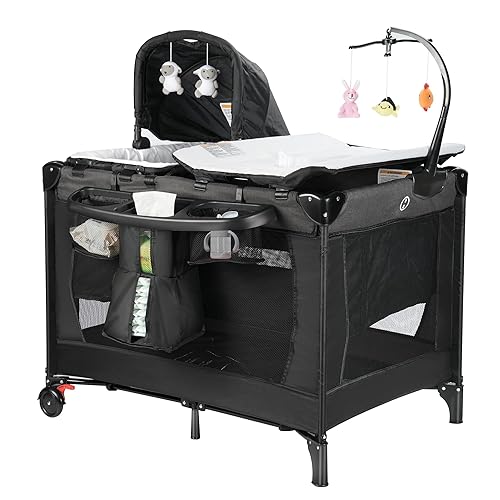 Pack and Play 4 en 1 con moisés, cuna de bebé, centro de guardería de lujo, cambiador grande, corralito de bebé con colchón plegable, corralito de