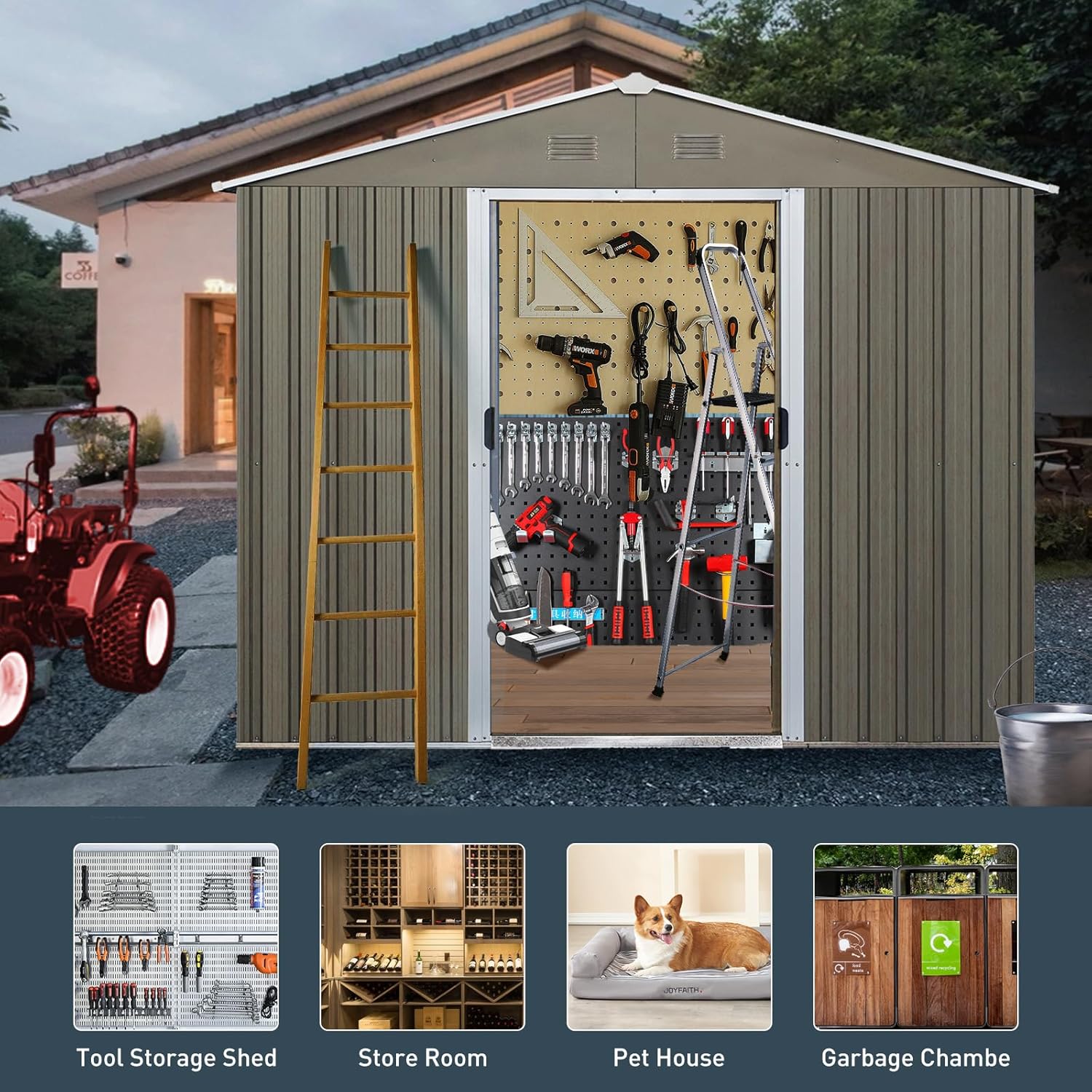 6x8ft Outdoor Storage Sheds, Vertical Storage Shed Waterproofs Galvanized Steel Storage House Outdoor Storing Tools for Patio Lawn Backyard Trash Cans 6x8ft Outdoor Storage Sheds, Vertical Storage Shed Waterproofs Galvanized Steel Storage House Outdoor Storing Tools for Patio Lawn Backyard Trash Cans