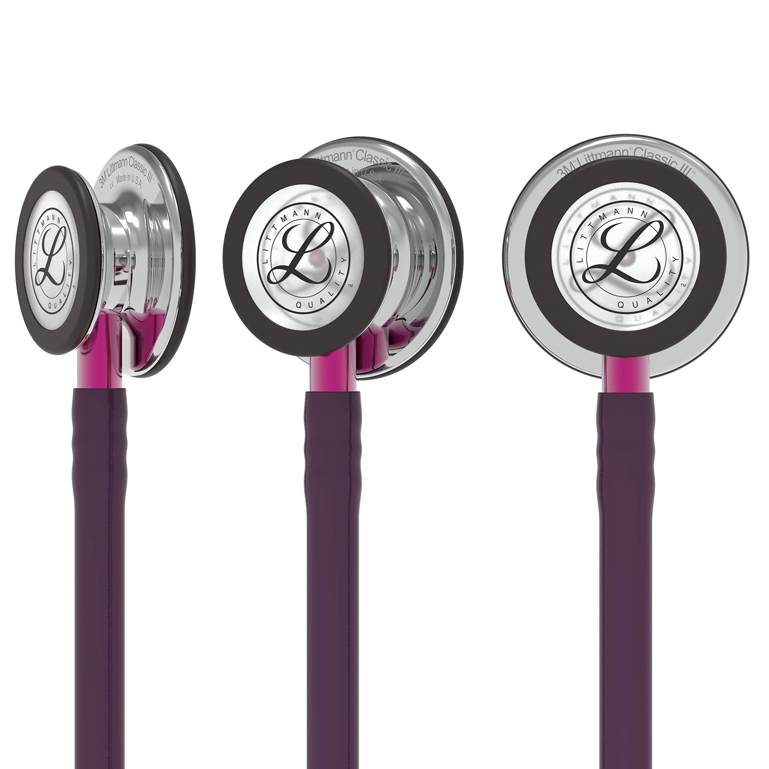 3M Littmann Classic III Stethoskop mit Gravur personalisiert, Arzt Stethoskop zur Überwachung, Profi Diagnostikstethoskop für Praxis, Klinik, Pflege (Hochglanz-Pflaume (Pinker Schlauchanschluss))