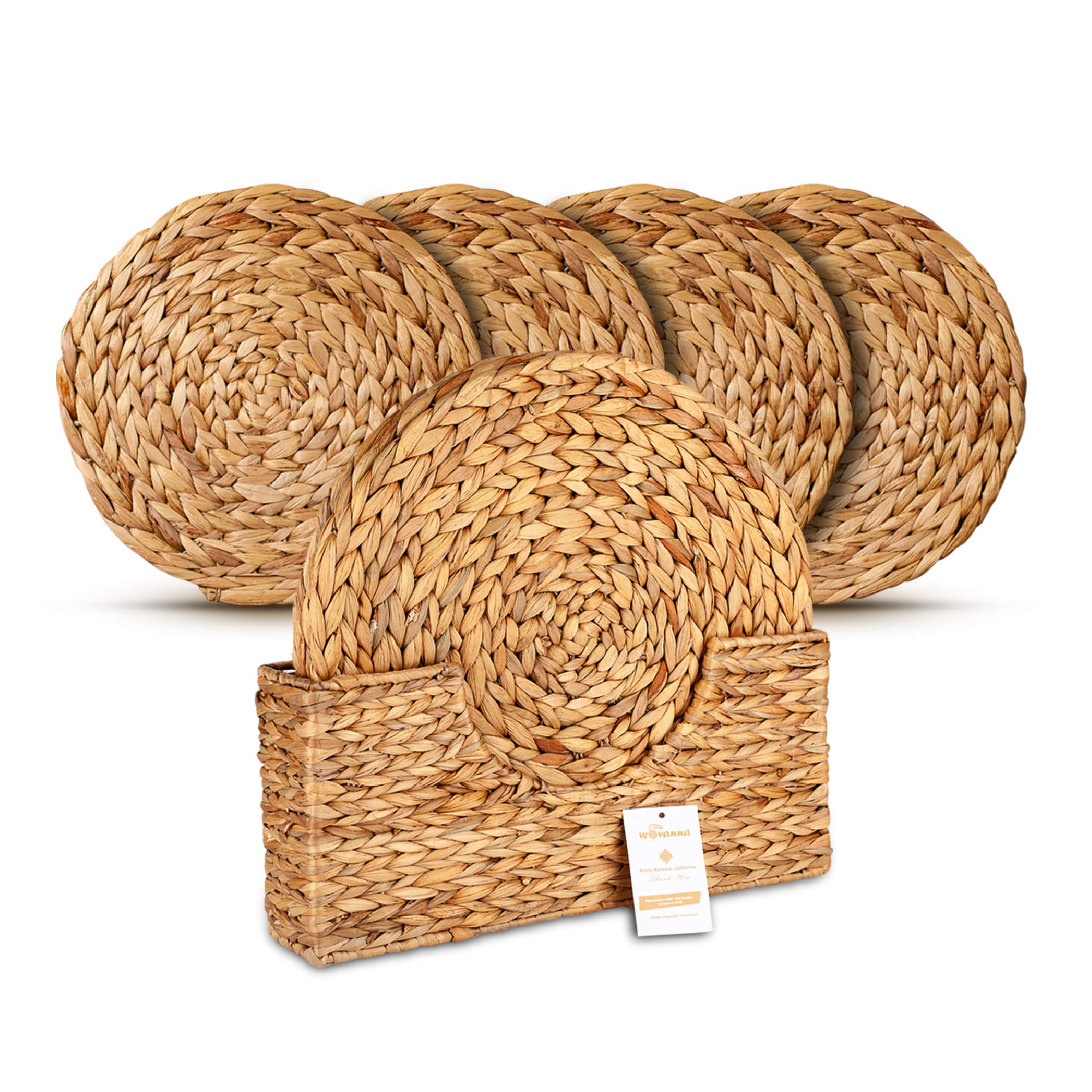 Wovanna Woven Placemats for Dining Table - Set of 4 Adorable Thick Rustic Round Kitchen Placemats with Decorative Tall Holder – All Natural Wicker Tablemats Hand-Braided from Water Hyacinth, 15"