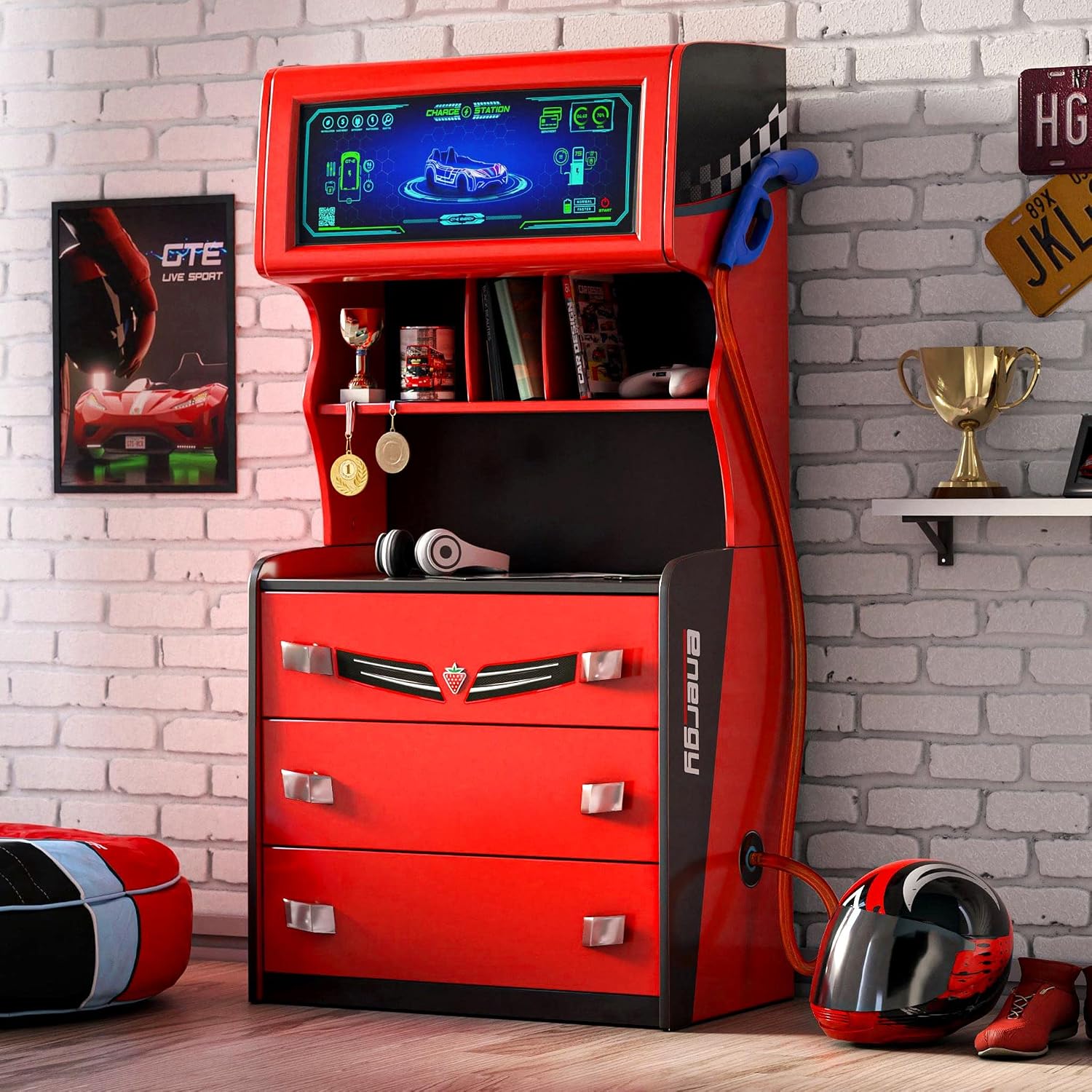 Cilek GTS EV 3 Drawer Chest with Cabinet, EV Car Charger Design, Extra Shelves, Soft-Close Drawers, Red
