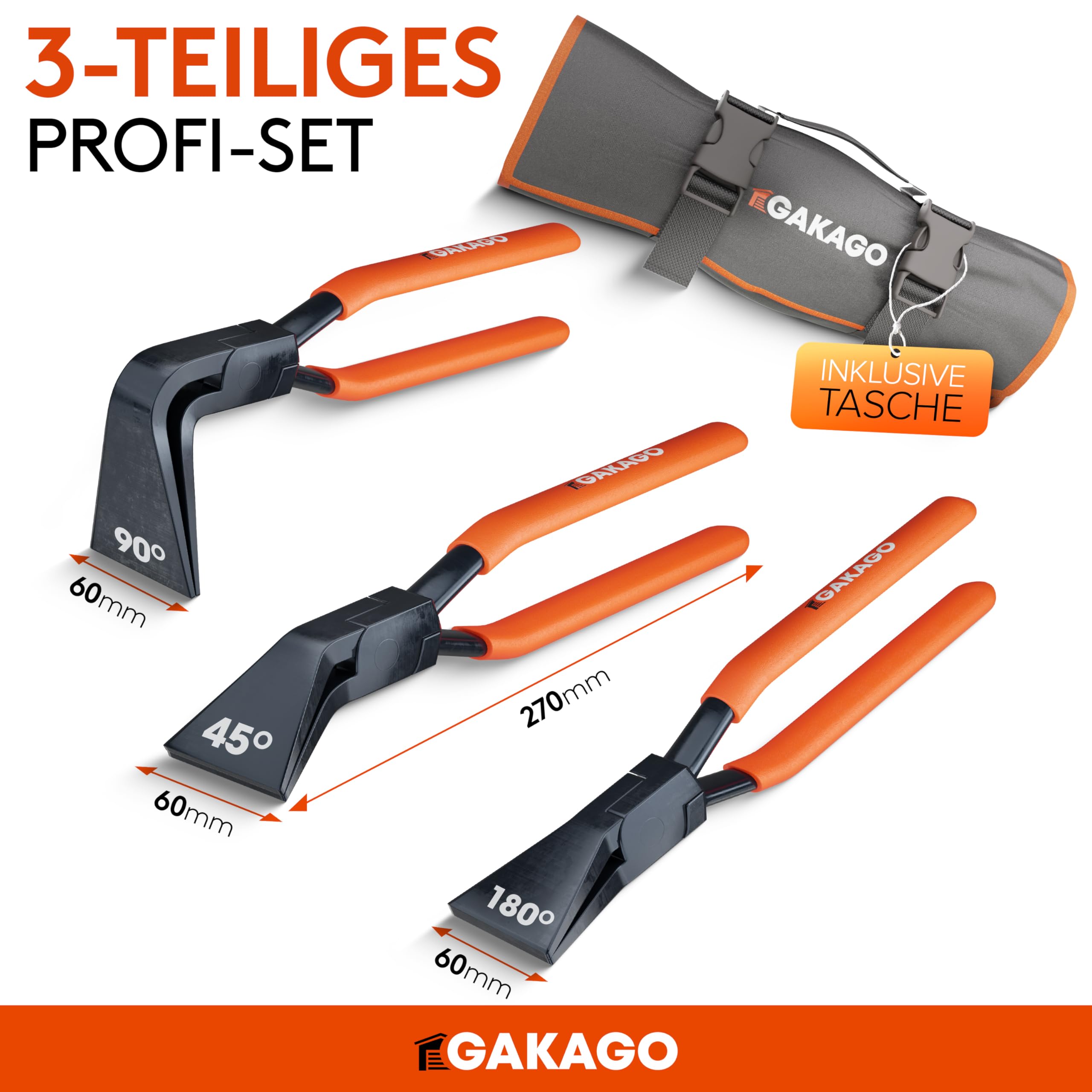 Gakago Falzzangen Set 3-teilig - 45° 90° 180° Abkantzange/Biegezange mit extra breiten 60mm Backen - inkl. Aufbewahrungstasche - Präzises Spengler Werkzeug für Dachdecker und Blech biegen
