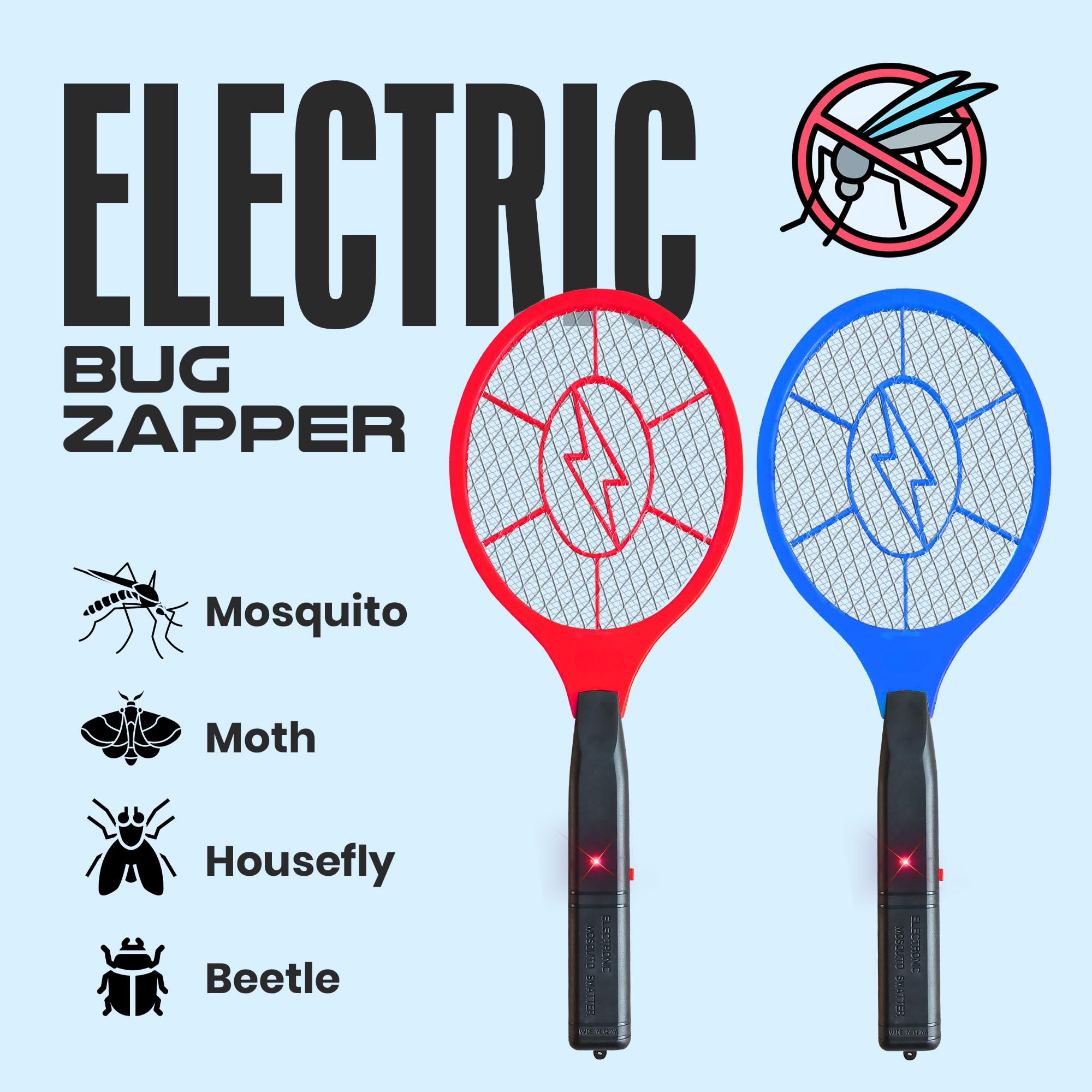 Matamoscas eléctrico, paquete de 2 – 3000 V eléctrico de rejilla matamoscas con malla de seguridad, mosquitos de mano y matamoscas para uso en interiores y exteriores, requiere pilas AA (no