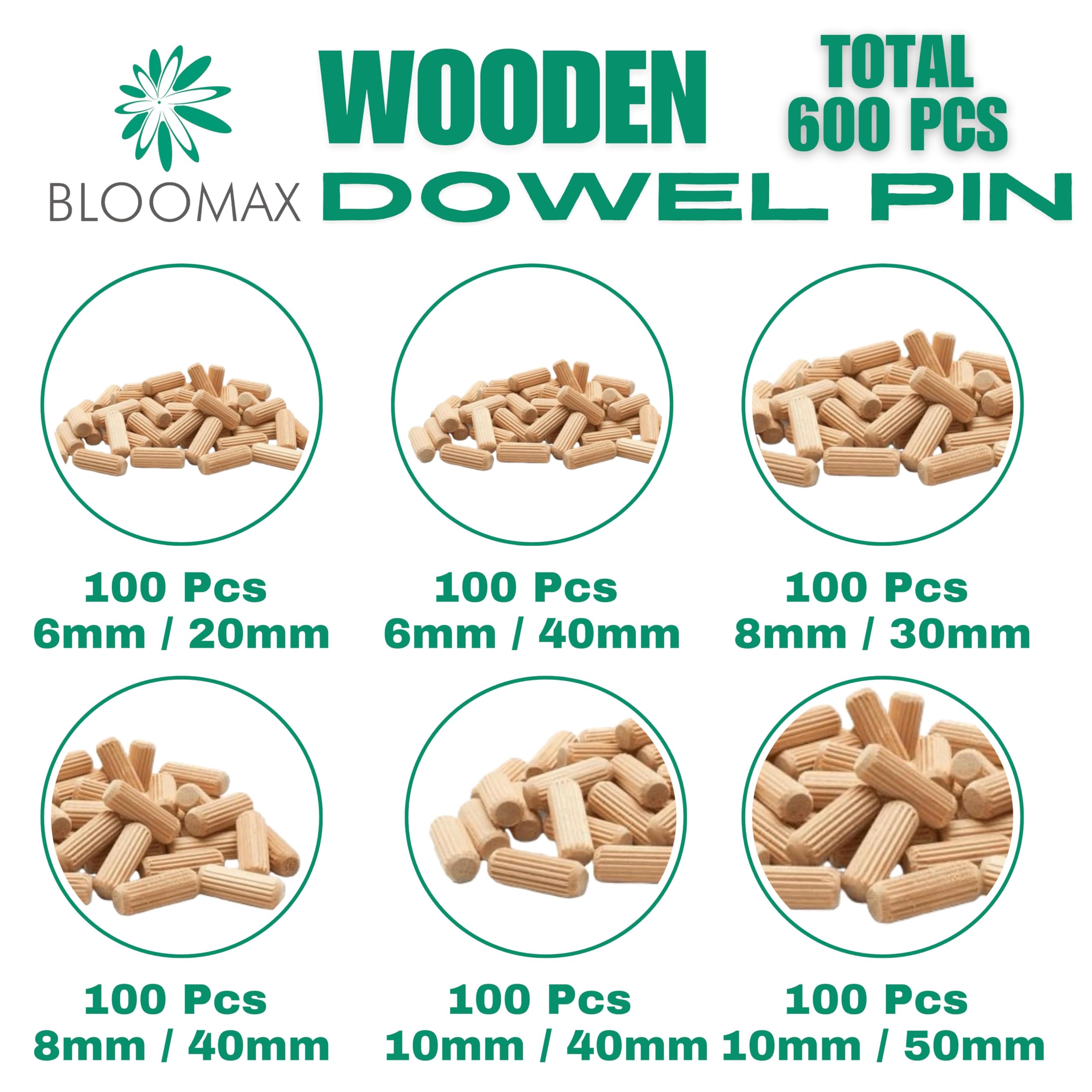 BLOOMAX® 600 Pcs Wooden Dowel Pins – Hardwood Spiral Grooved Furniture Connectors, 6mm × 30/40mm, 8mm × 30/40mm, 10mm × 40/50mm (All-in-One Pack, Made in India) 1