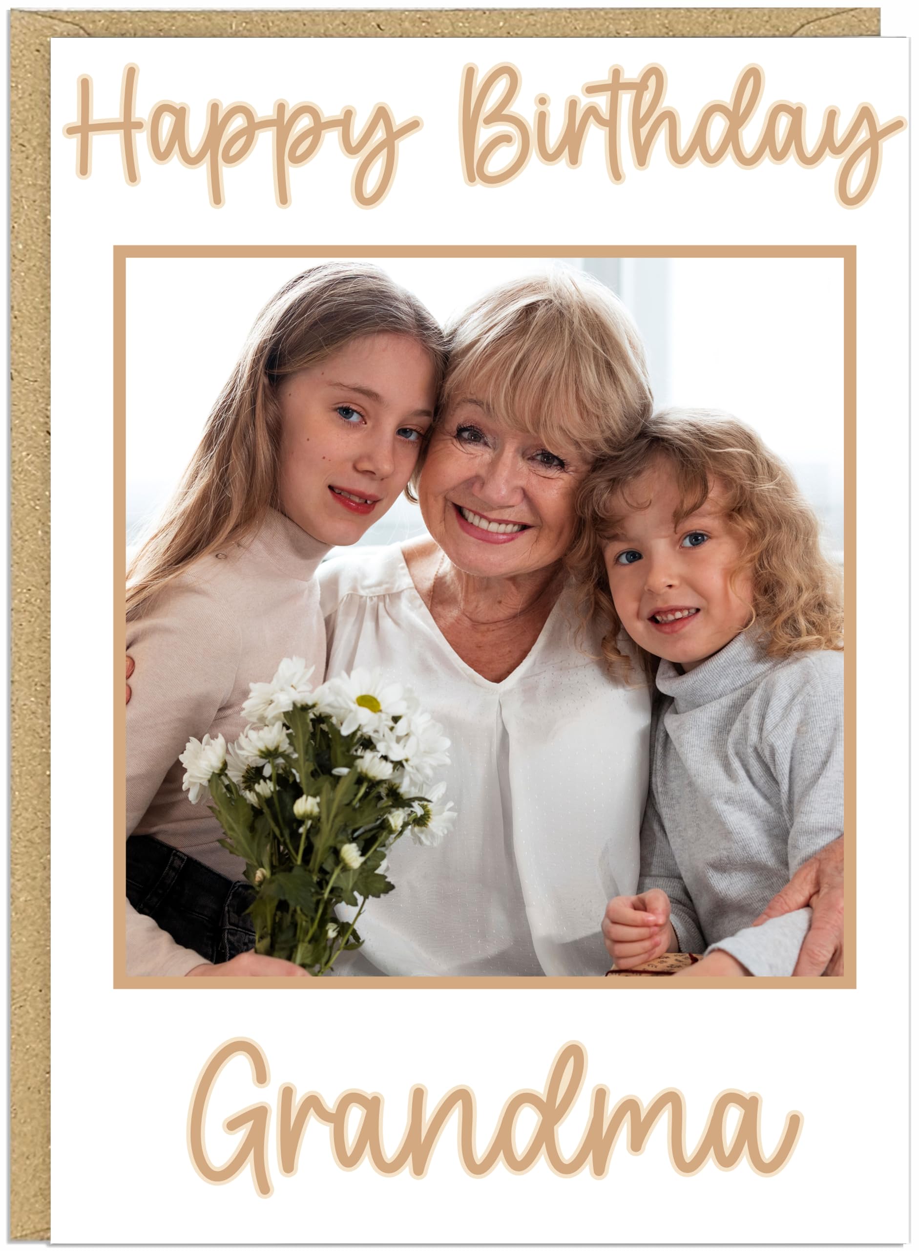 Personalised A5 Photo Happy Birthday Cards - Custom Own Name & Photo Auntie Mummy Grandma Best Friend Designs - 7 Colour Options Beige Blue Bright Pink Gold Grey & Pink (Beige)