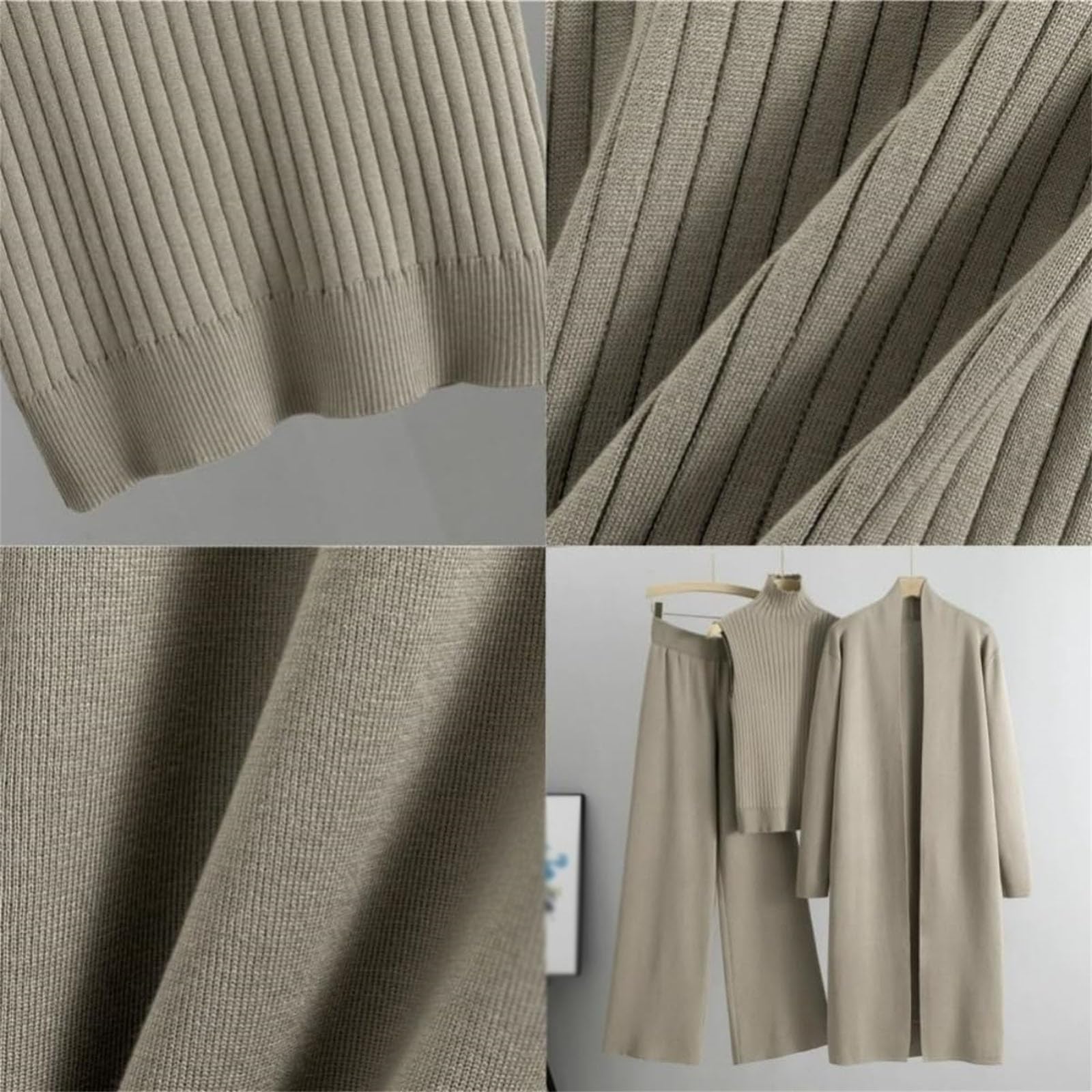 Generisch Set lounge da donna 3 pezzi maglia manica lunga cardigan e pantaloni a gamba larga, canotta senza maniche a collo alto