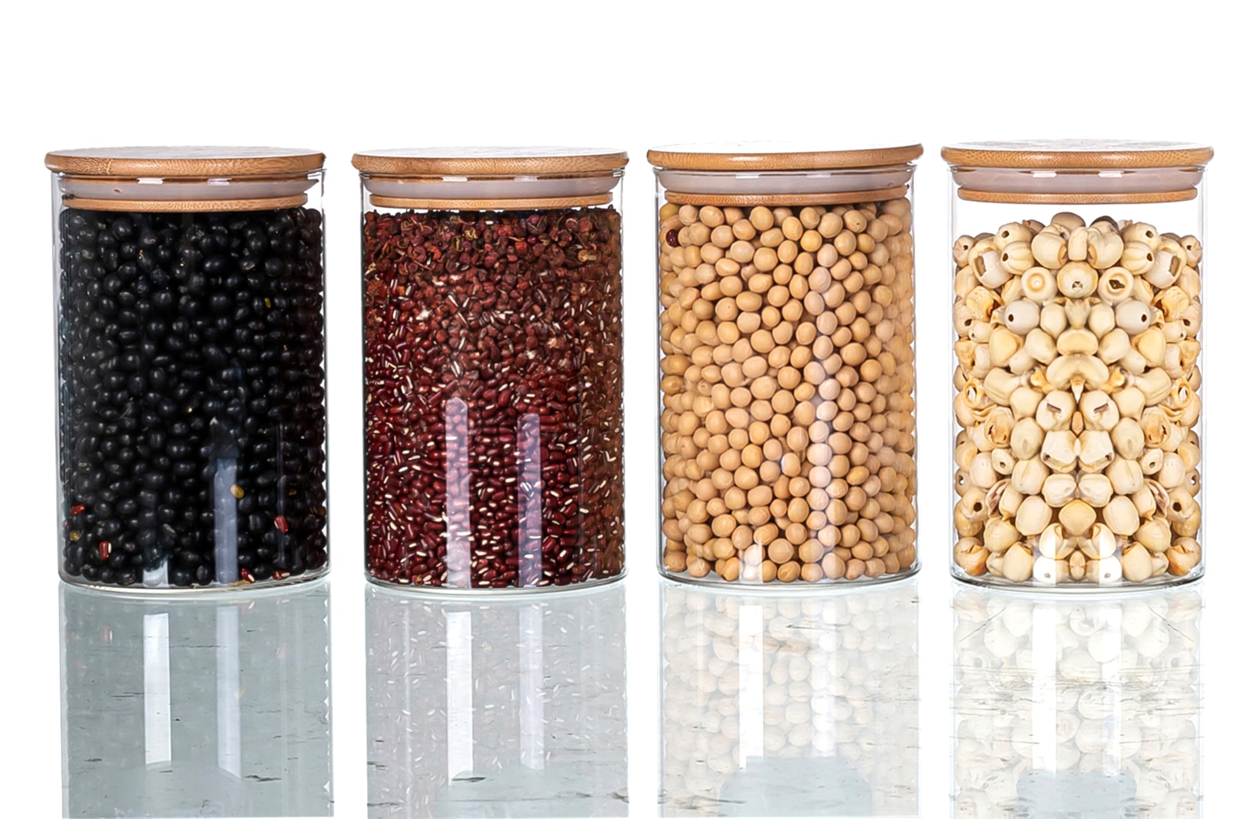 LUGZEY 4-Pack 1000ml Kitchen Storage Glass Jars with Bamboo Lids Labels and Chalk, Glass Canisters Storage Jars for Sugar Spices Dry Fruits Candies Jellies Cookies Cereals and Grains, Size 10 * 15cm