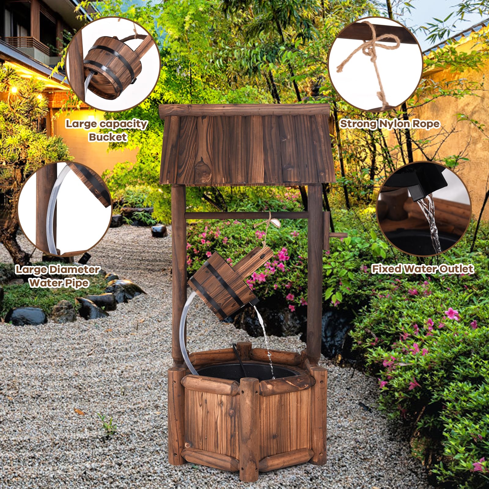 SOARS Fontaine Exterieure de Jardin 58 X 58 X 114 CM, Puit Decoration Jardin en Bois de Sapin avec Toit pour l'Extérieur, Seau Réglable en Hauteur, pour Cour, Pelouse, Jardin (58 X 58 X 114 CM)