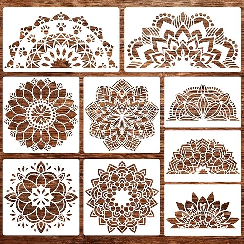 Paquete de 9 plantillas de mandala grandes para pintar de 12 x 12 pulgadas, plantillas de pintura de mandala, plantillas de dibujo de mandala floral