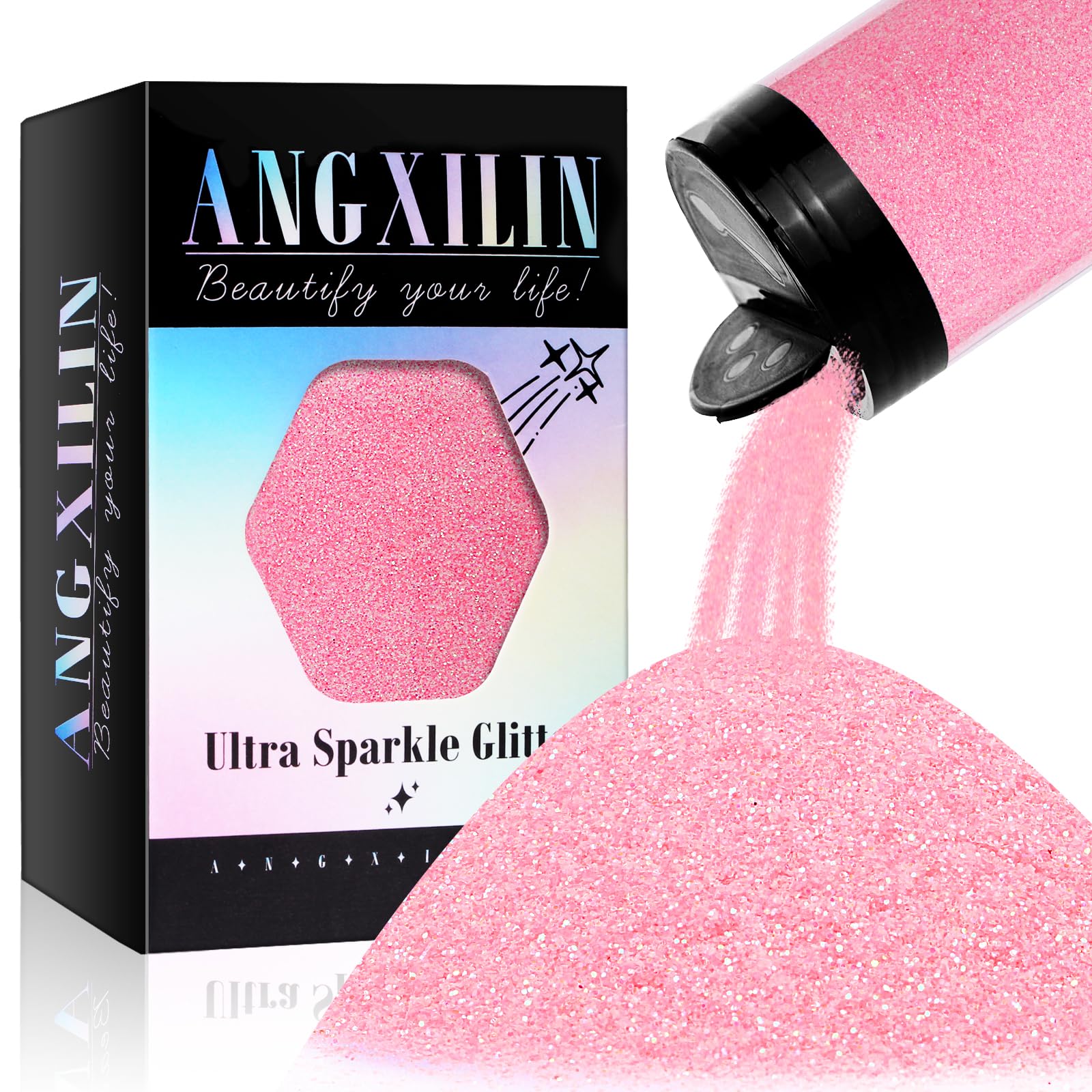 ANGXILIN High Capacity 260g Iridescent Fine Glitter,Shaker Bottle Fine Glitter for Epoxy Resin DIY Craft,Rainbow Fine Glitter for Nail Art Face Body Glitter Tumbler Making (IRI lt Pink)