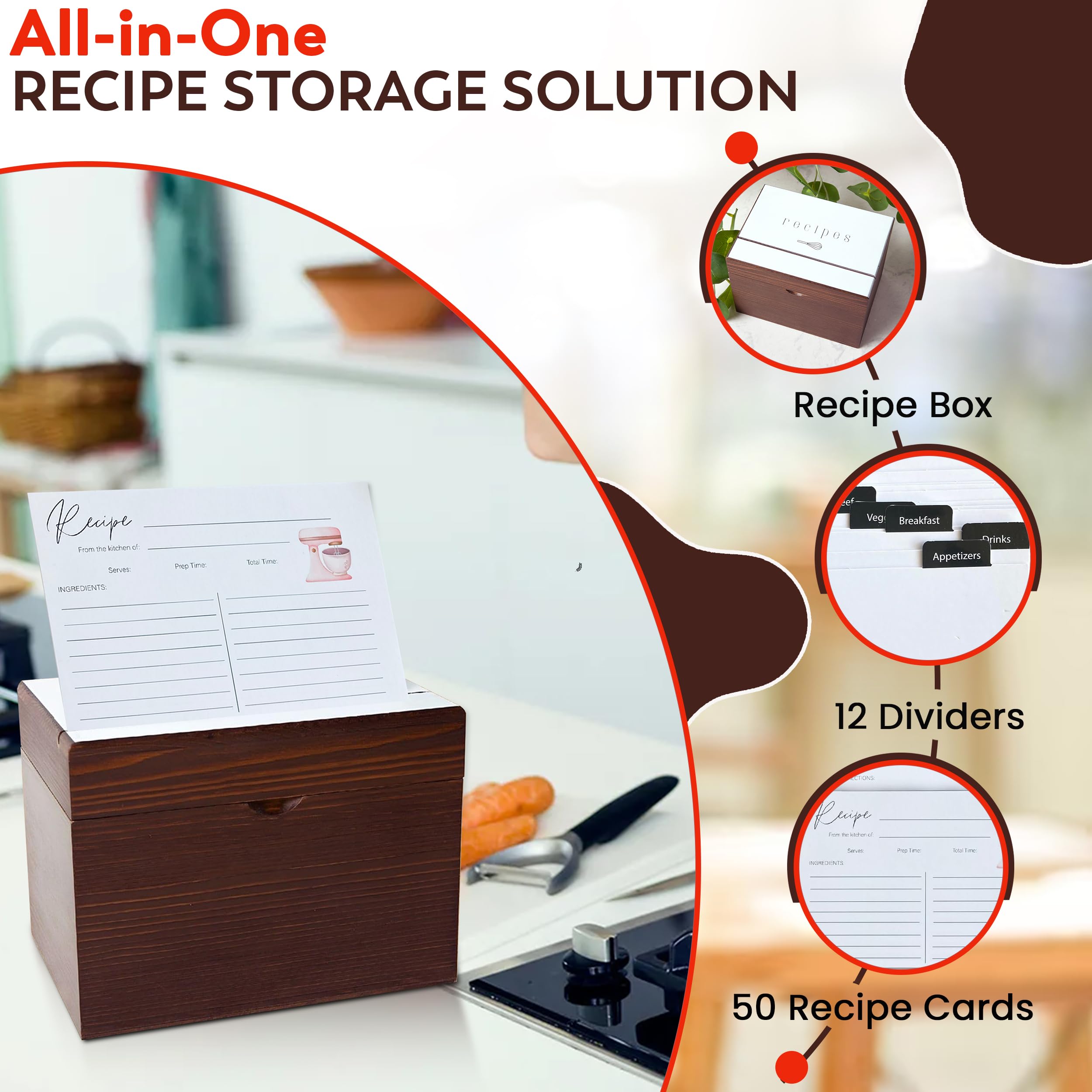 Family Recipe Box CypherX Wooden Recipe Box Set - 50 Cards & 8 Dividers ...