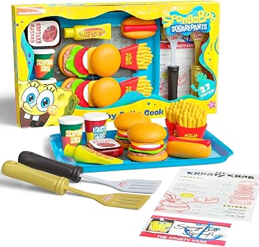 SpongeBob SquarePants Krabby Patty Toy Combo Meal Playset, Pretend Krusty Krab Burgers, and Fries Interactive Plastic Fast Food Set for Kids Toddlers