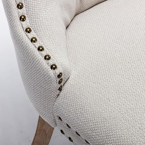 Miniatura 9 de Juego de 4 sillas de comedor de lino beige, juego de 4, sillas de comedor copetudas, tapizadas, patas de madera (beige y blanco, 4 piezas)