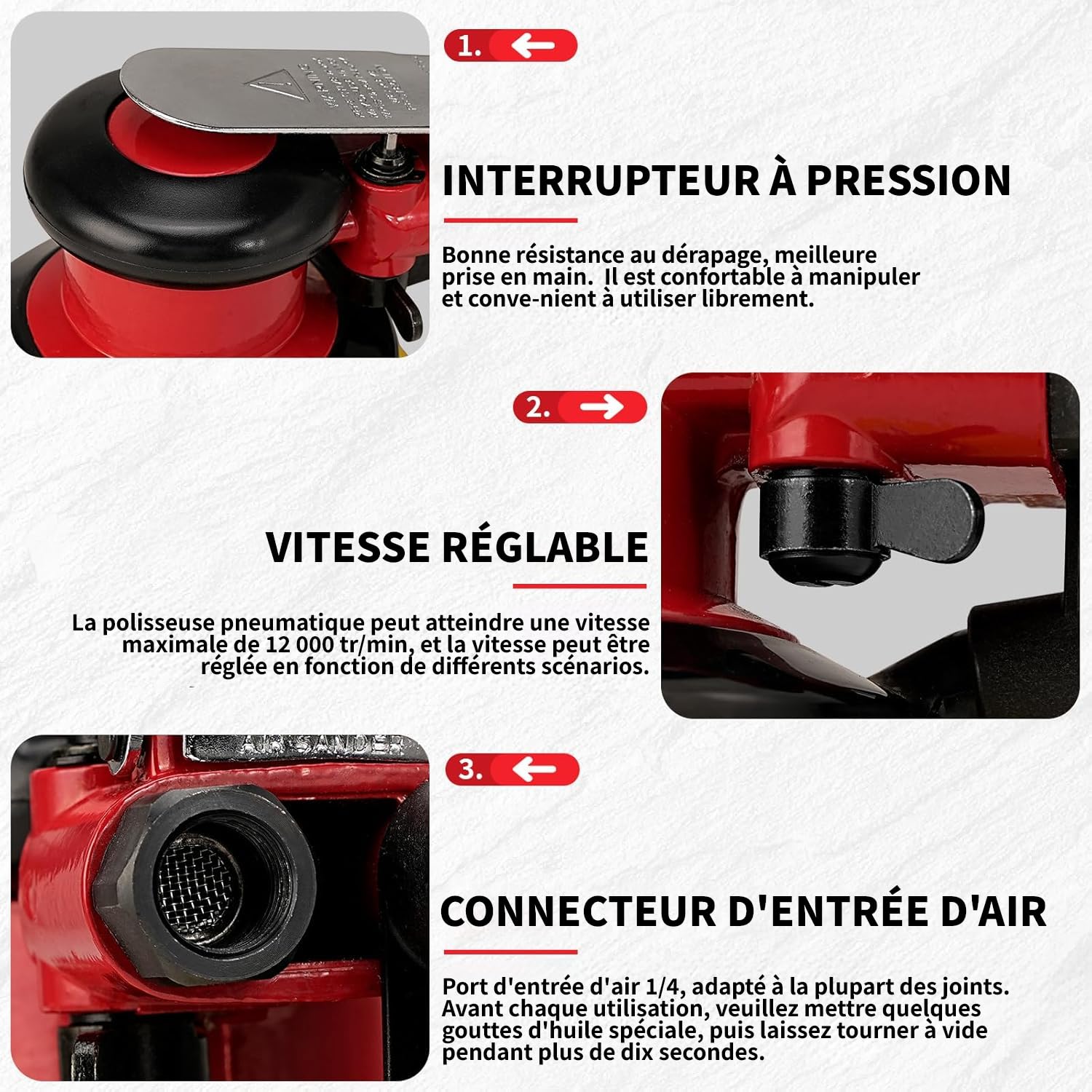 ponceuse pneumatique 5", adaptée au polissage automobile | Vitesse de rotation maximale : 12000 tr/min, léger poids, haut rendement,Avec aspiration intégrée