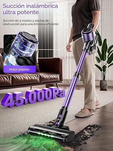 Miniatura 2 de Aspiradora inalámbrica, aspiradora de palo 10 en 1 con potente succión, manguera, luz LED verde, cepillo antienredos, aspiradora recargable ligera