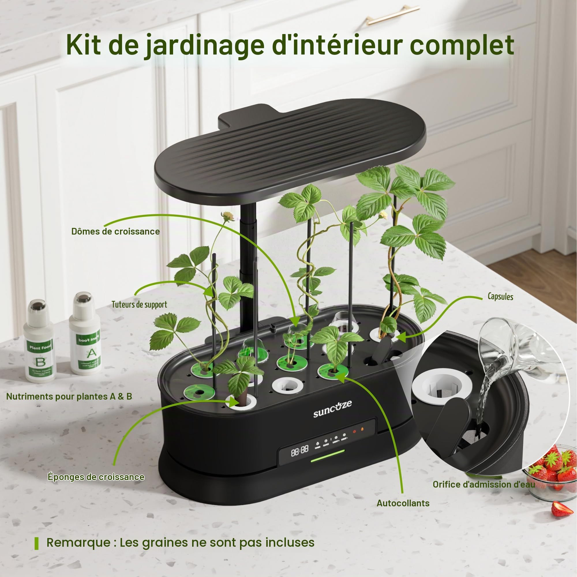 PEGZONE SUNCOZE Potager Hydroponique Amovible avec 12 Paniers, Noir | Jardin d'Intérieur avec Lampe LED 36W, Réservoir 5L, Hauteur Réglable jusqu'à 550 mm, Kit Hydroponique avec Minuterie