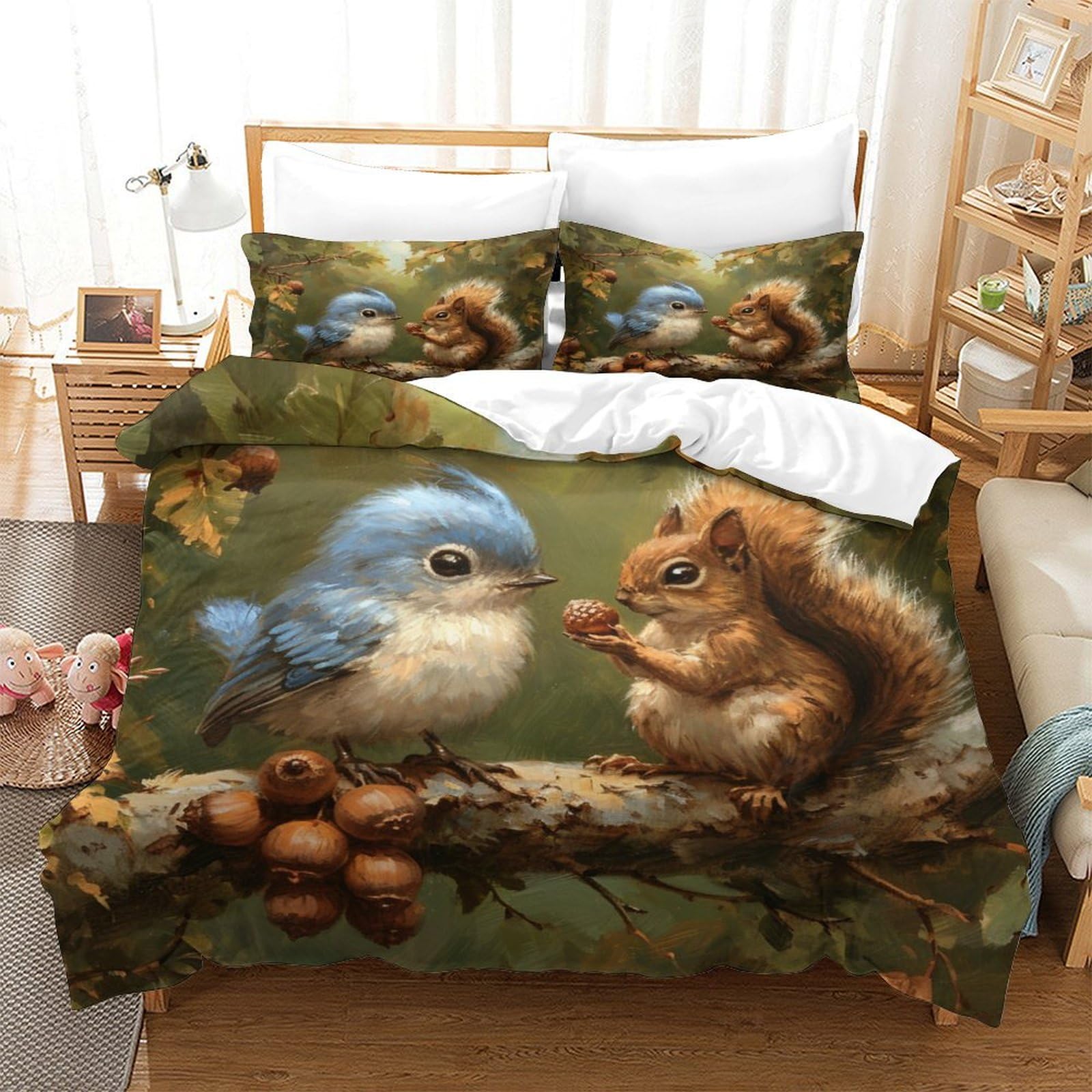 Housses de couettes 3 pièces écureuils en microfibre single 140x200cm avec taies d'oreiller