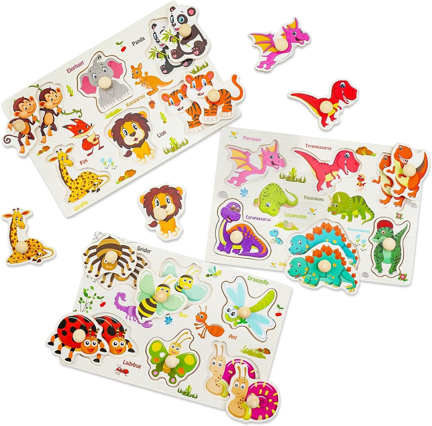 Azonee Wooden Peg Puzzles for Kid Color Montessori Puzzles Toy Animal Dinosaur Insect Educational Preschool Matching Toy Toddlers Motor Skill Early Learning Gift for Birthday 3 Pack