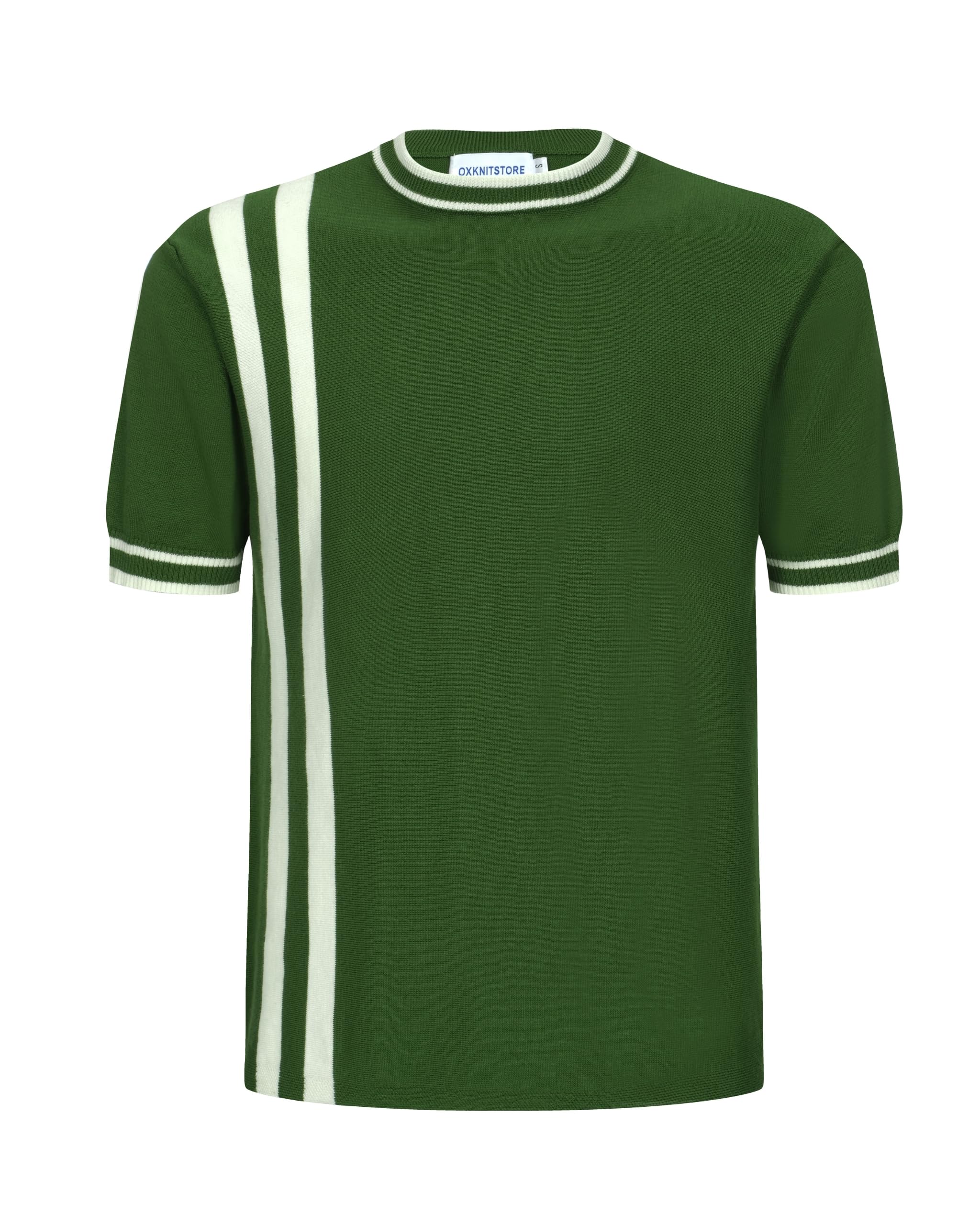 OXKNIT Mens Knitted Shirt Short Sleeve Retro Classic Crewneck Solid Shirt with Double Racing Striped