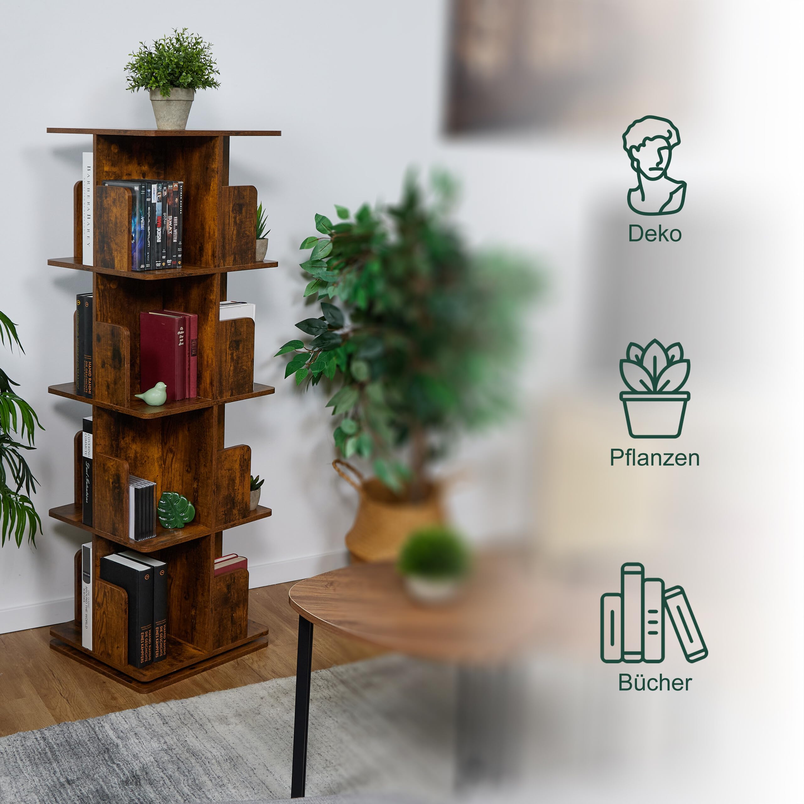 Relaxdays Bücherregal, 360 Grad drehbar, 4 Ebenen, Industrial Design, HxBxT: 125,5x39x39 cm, Wohnzimmer Drehregal, braun