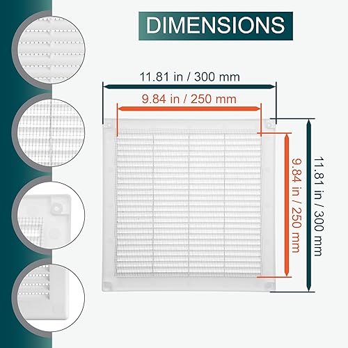 Miniatura 9 de Rejilla de ventilación cuadrada negra de 6 x 6 pulgadas con malla protectora. Registrocubierta de ventilación de plástico ligero. Ventilación para