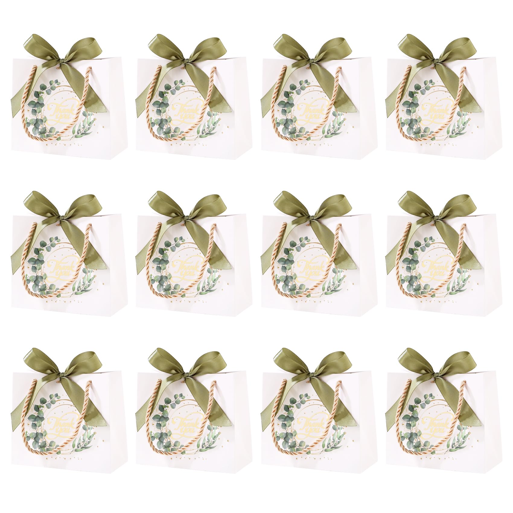 12 Pack 14× 12× 6cm Thank You Gift Bags with Handles, Mini White Party Bag for Birthday Wedding Baby Shower(Green Ribbon) — image 1
