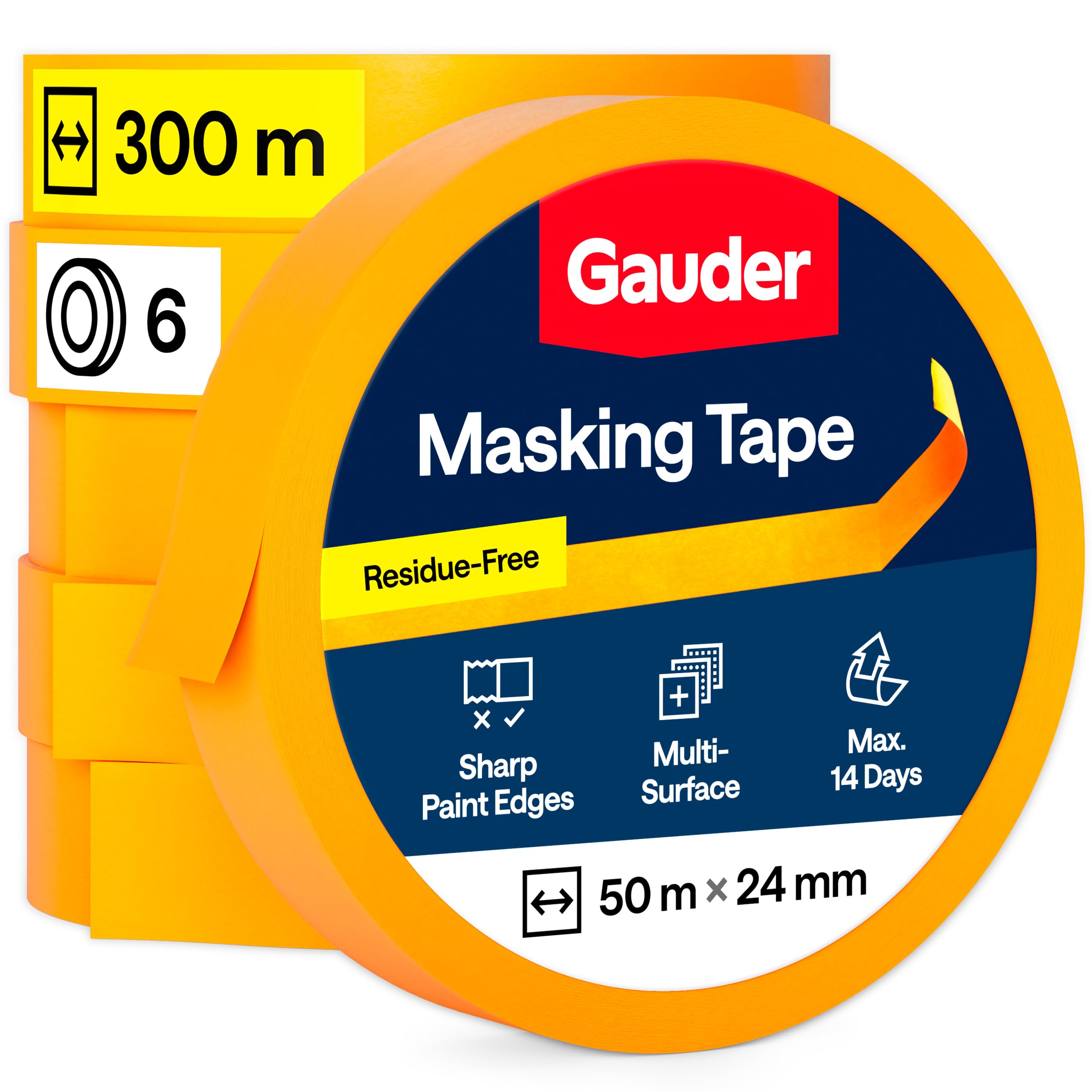 GAUDER Masking Tape - Premium Washi Painter's Tape for Precise Edges - Professional, Residue-Free Adhesive for Painting and Renovation (6 Rolls - 24 mm x 50 m)
