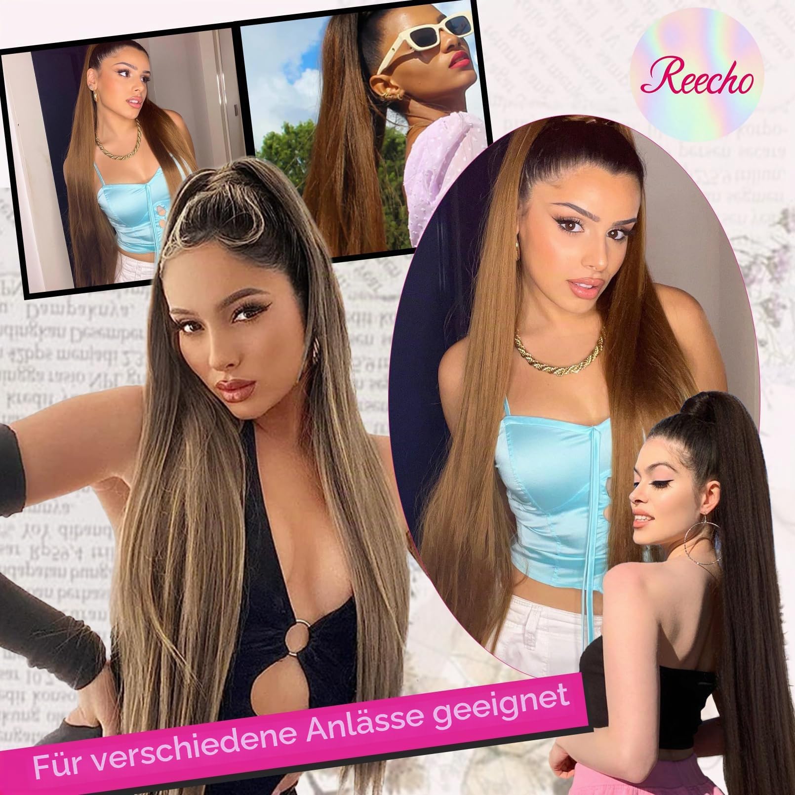 REECHO Pferdeschwanz Haarverlängerung, 71 cm langes gerades Haarteil mit Kordelzug und synthetischem Material für Frauen - Mittelblond
