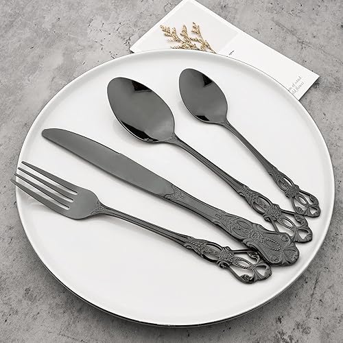 Miniatura 4 de Jankng Tenedor negro básico, 6 tenedores de acero inoxidable real con mango real, juego de tenedores de metal para comer ensalada de pescado,