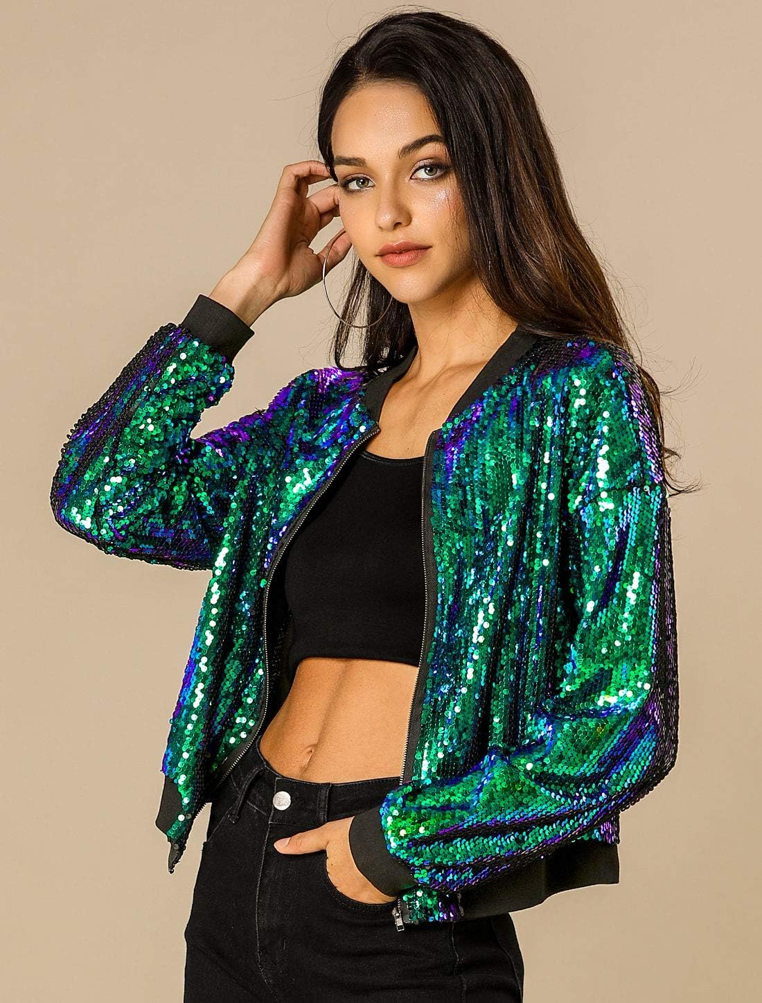 Allegra K Women's Sequin Jacket Bomber Long Sleeve Zipper Shiny Glitter Tops Sparkly Party Slitter Outfit - Image 2