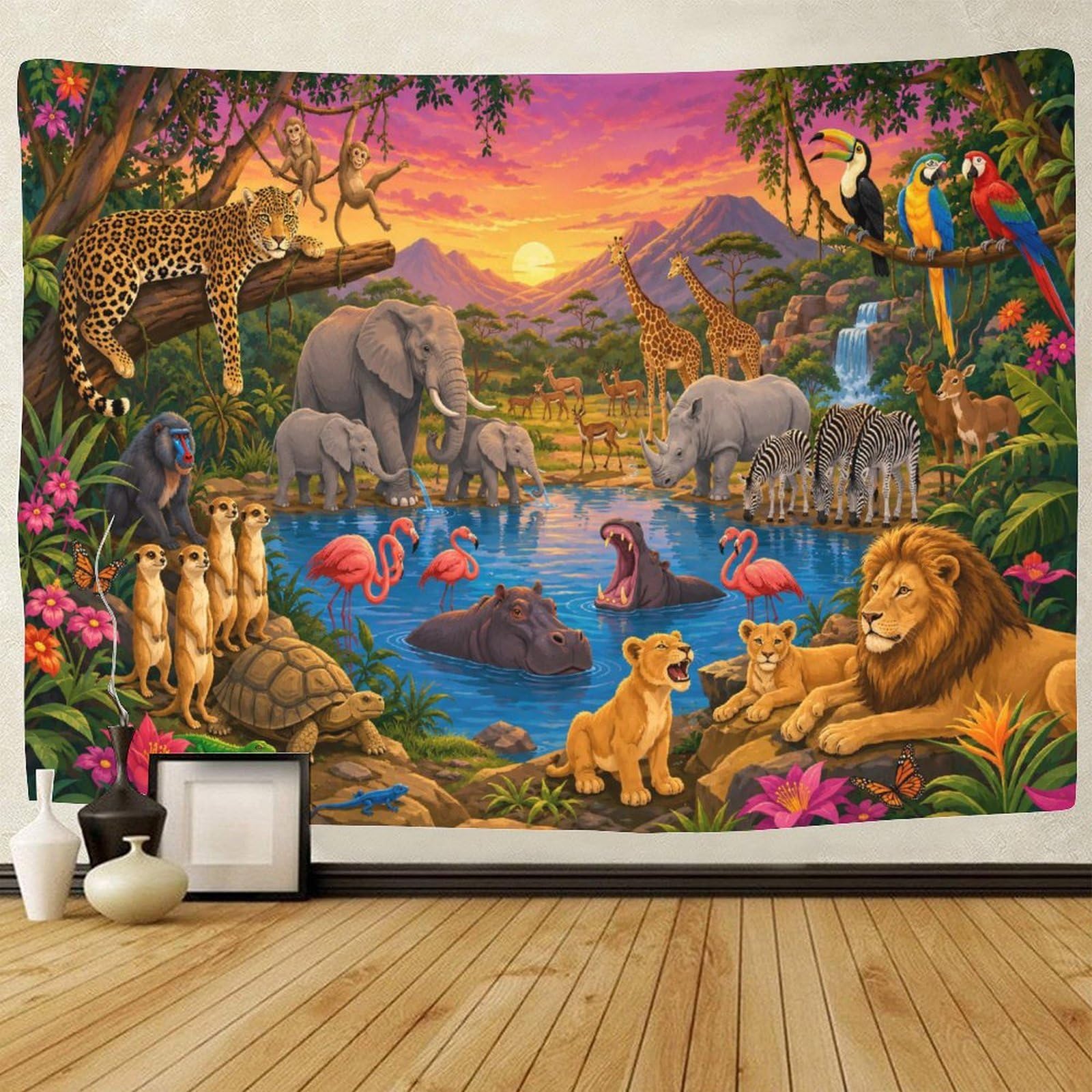 ASDFGHJKLZA African Savannah Wildlife Animals 3D Print Wall Tapestry Wall Hanging Decor Tapestries Poster Home Decoration Bedroom Living Room 130cmx150cm