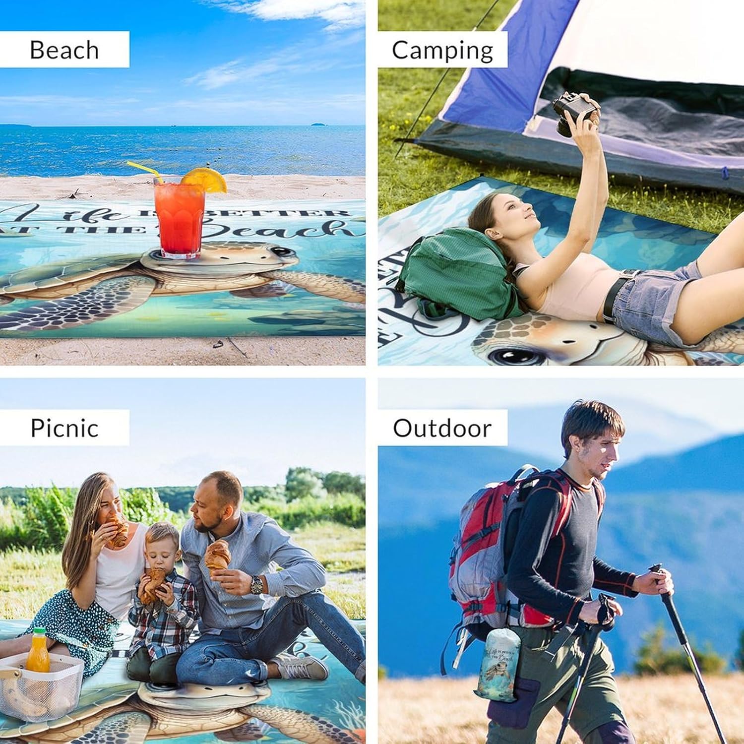 Beach Blanket - Beach Mat Sand Free Waterproof - 110x118 Inch Oversized Beach Blanket with 4 Corner Pockets & Stakes - Lightweight Beach Mats with Portable Bag - Summer Essentials for Travel & Picnic