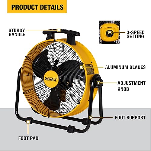 Miniatura 3 de DEWALT DXF2042 Industrial Fan, 20 Inch High Velocity Fans with 3-Speed Adjustable Tilting Head, Drum Fan for Outdoor, House and Warehouse, Yellow