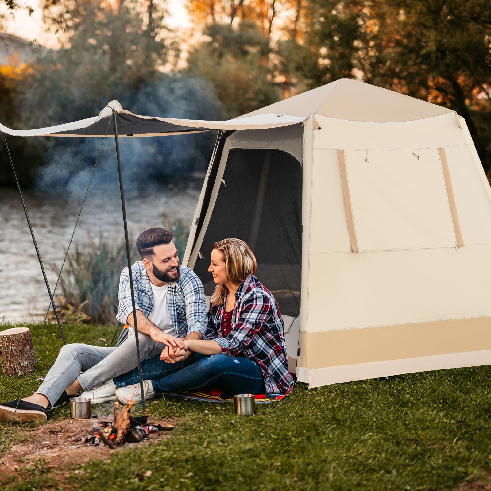HOMASIS Tenda Campeggio Esagonale per 4-6 Persone, Tenda Pop-up Automatica con Doppia Porta e Borsa da Trasporto, Tenda Famigliare con Zanzaziera per Escursioni, Spiaggia, 330 x 270 x 200 cm, Beige