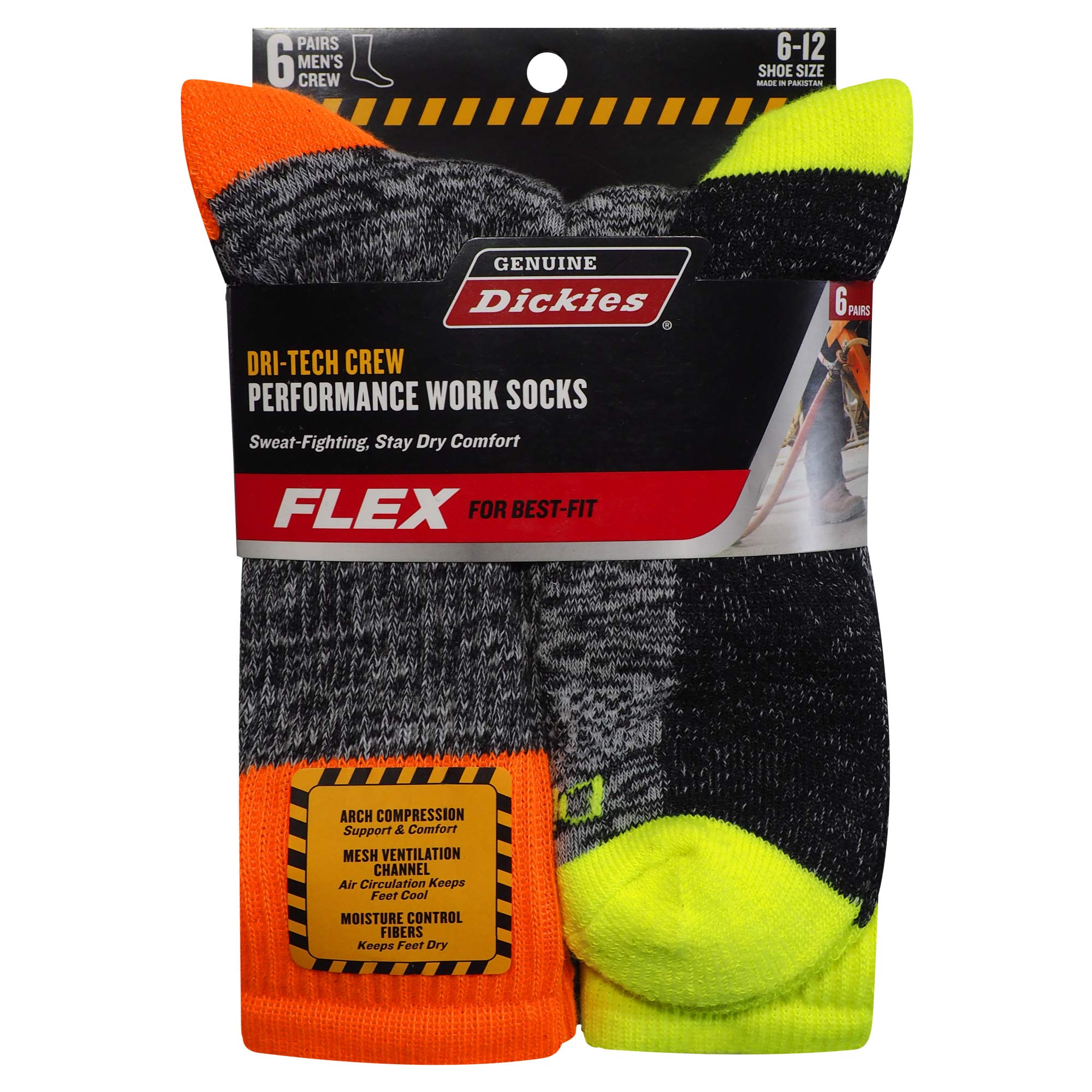 DickiesGenuine-Dickies Men's Dri-Tech Premium Performance Crew Work Sock 6-Pair-Pack