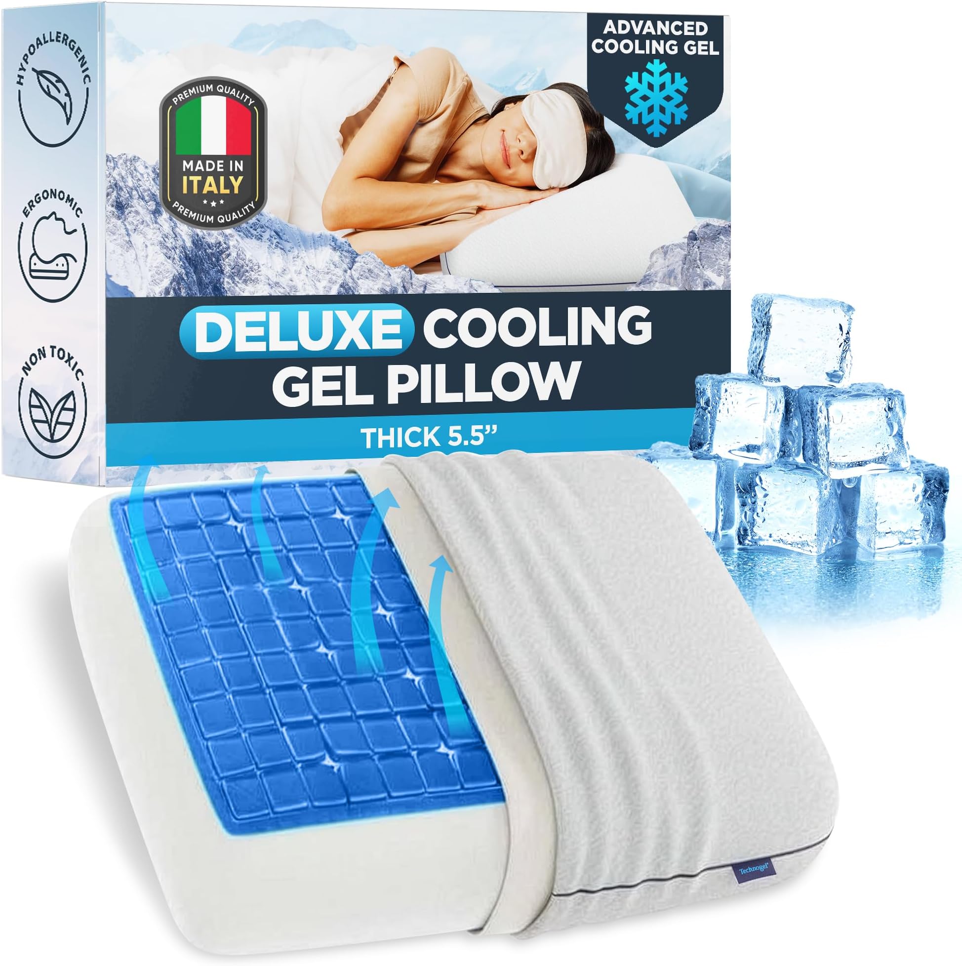 Deluxe Cooling Gel Pillow - Patented Cooling Technology, Odorless Memory Foam – Breathable Ergonomic Support for Side & Back Sleepers with Washable Cover, 5.5" (Thick)