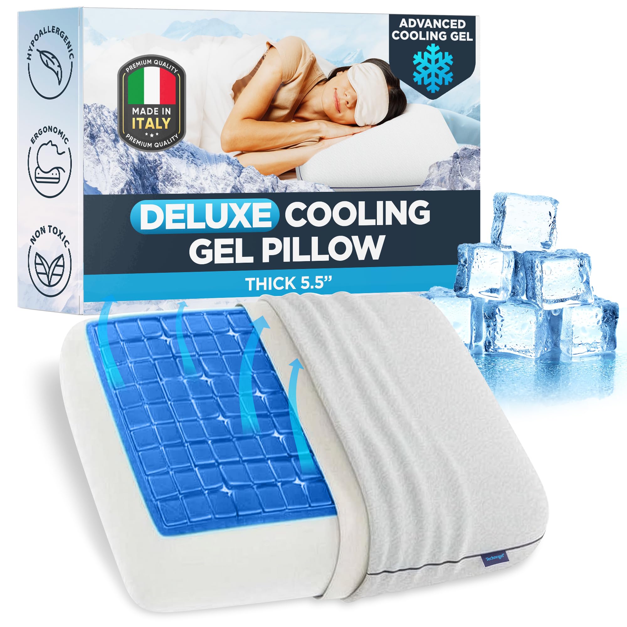 Technogel Deluxe Thick 5 ½ Inch Luxurious, Pressure Relieving, Cooling Gel & Memory Foam Bed Pillow – Ergonomic Design, No Odor, Standard