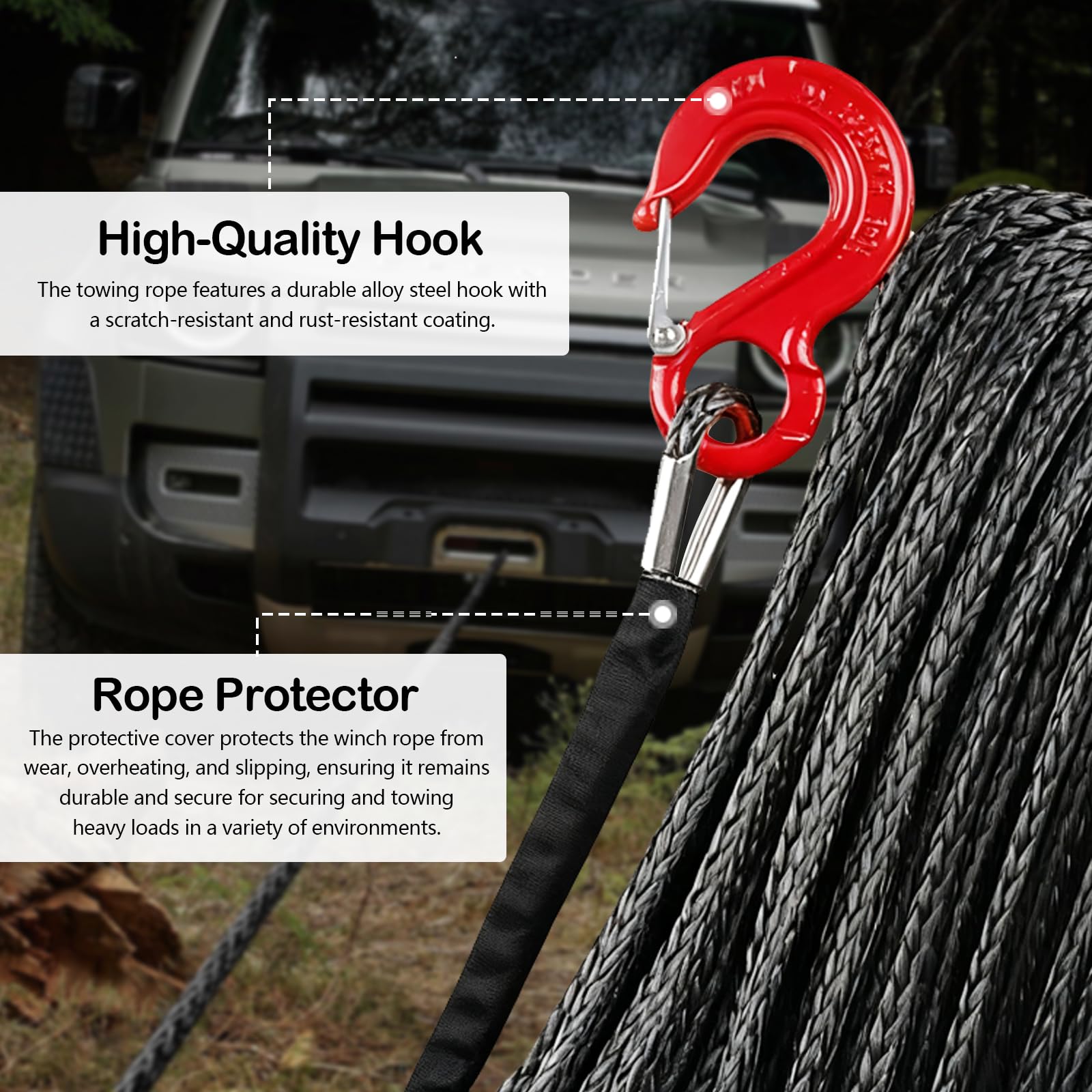 Cuerda de Remolque para Coche, Cabestrante 15m Largo 8mm Diámetro Cuerda Sintética de 12 Hilos 6000kg / 13228 Libra Cuerda de Plástico Cuerda de Remolque con Gancho Metálico para SUV ATV UTV, Negro