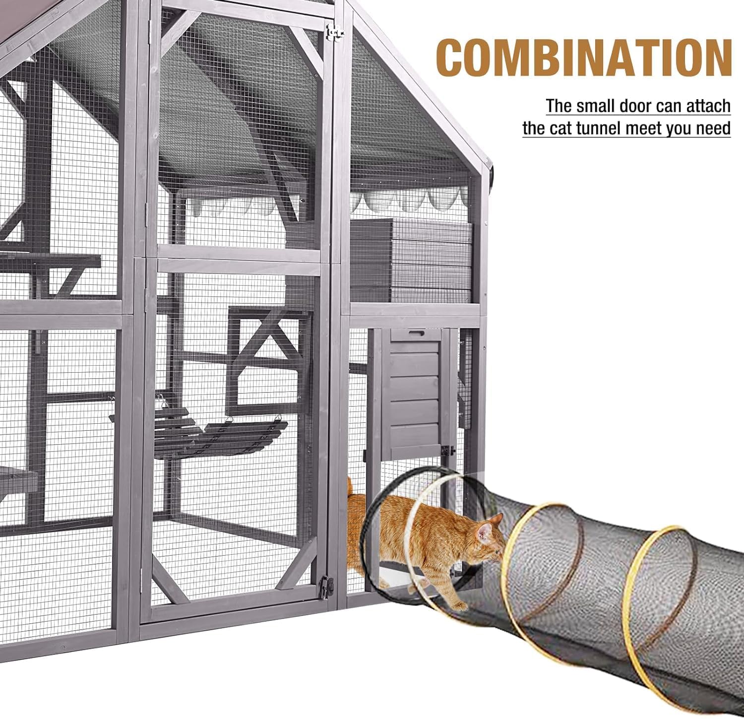 Recinto de Madera Catio para Gatos al Aire Libre Casa para Gatitos Corral Grande para Gatos con Refugio Pequeño Resistente a la Lluvia Interior, Puentes, Cubierta de Techo