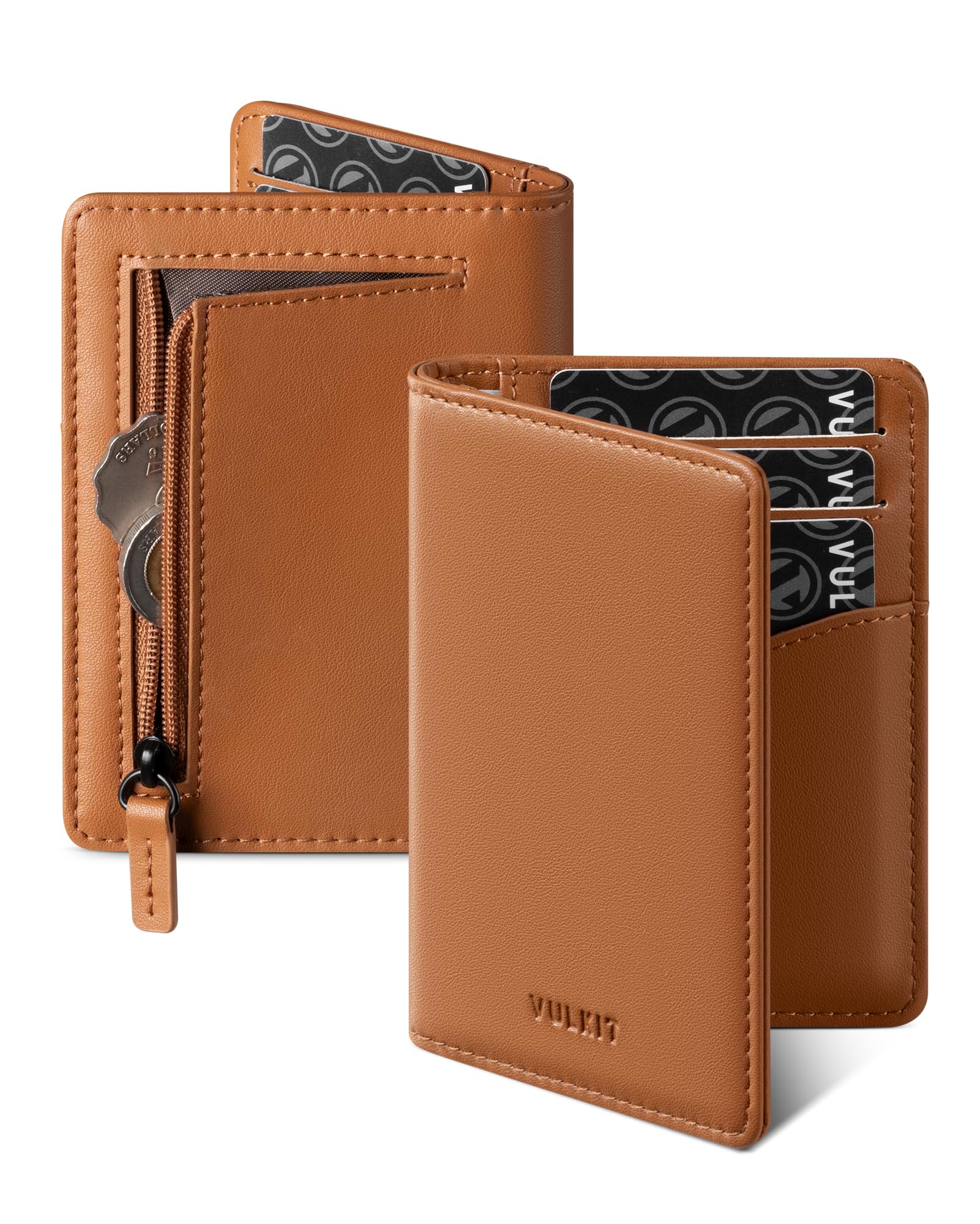 VULKIT Petit Portefeuille Homme Cuir Porte Carte Homme RFID Porte Carte Bancaire avec Portemonnaie & Fenêtre d'ID, Marron