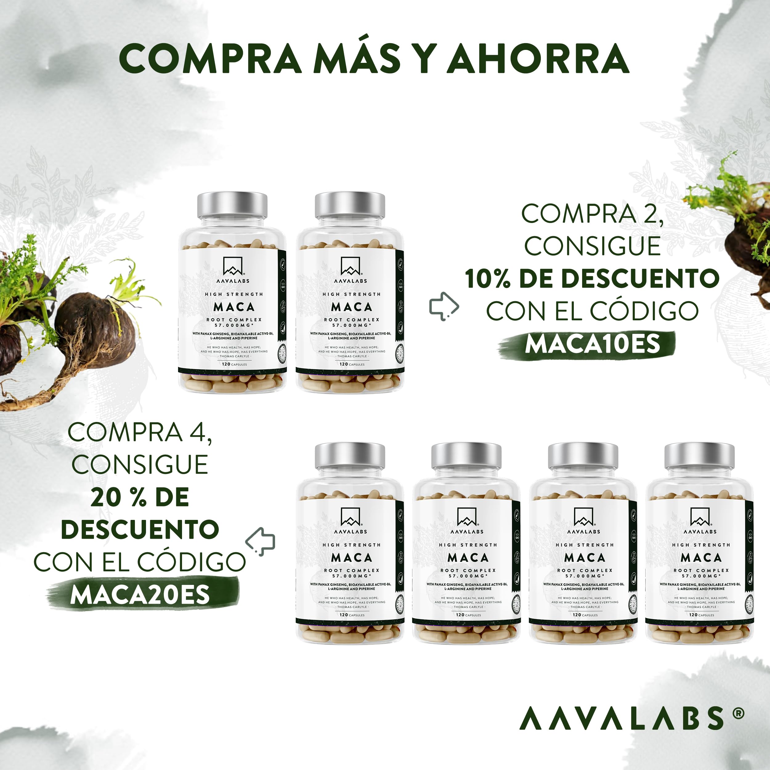 Maca Negra y Amarilla - 57,000 mg - Maca Peruana Andina con Ginseng Panax, L-Arginina, Vitamina B6 y Extracto de Pimienta Negra - 120 Maka Cápsulas - Veganas