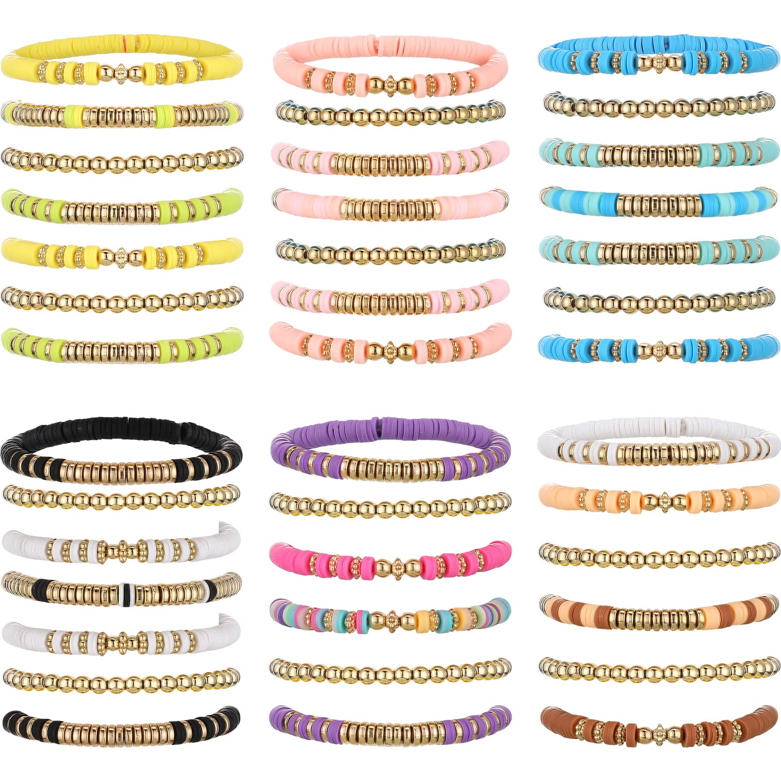 Yinkin40 Pcs 6 Set Surfer Heishi Bracelets Colorful Preppy Bracelets Clay Beads Handmade Beaded Bracelets Elastic Boho Jewelry Beach Friendship Stretch Bracelet Set for Girls Women Teen