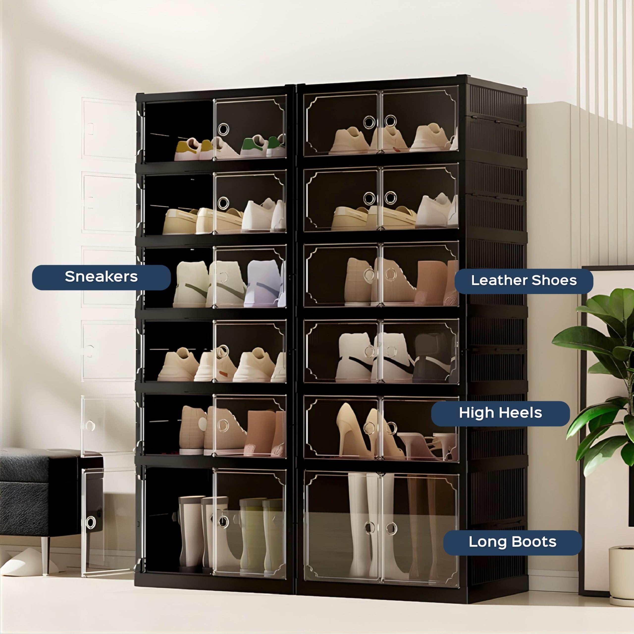 HomeStrap Shoe Stack Foldable Shoe Organizer with Wheels | Fits 12 Pairs | 6-Slot Shoe Rack with Clear Magnetic Doors | Dust & Moisture-Proof Multipurpose Storage for Entryways, Bedrooms (Black) 1