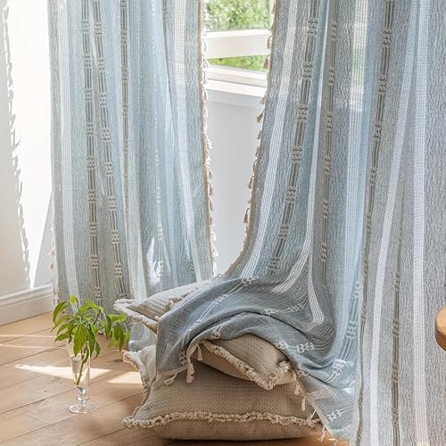 ColorBird Cortinas para dormitorio, cortinas de lino gris y azul de 63 pulgadas de largo, 2 paneles, cortinas divisoras de habitación bordadas