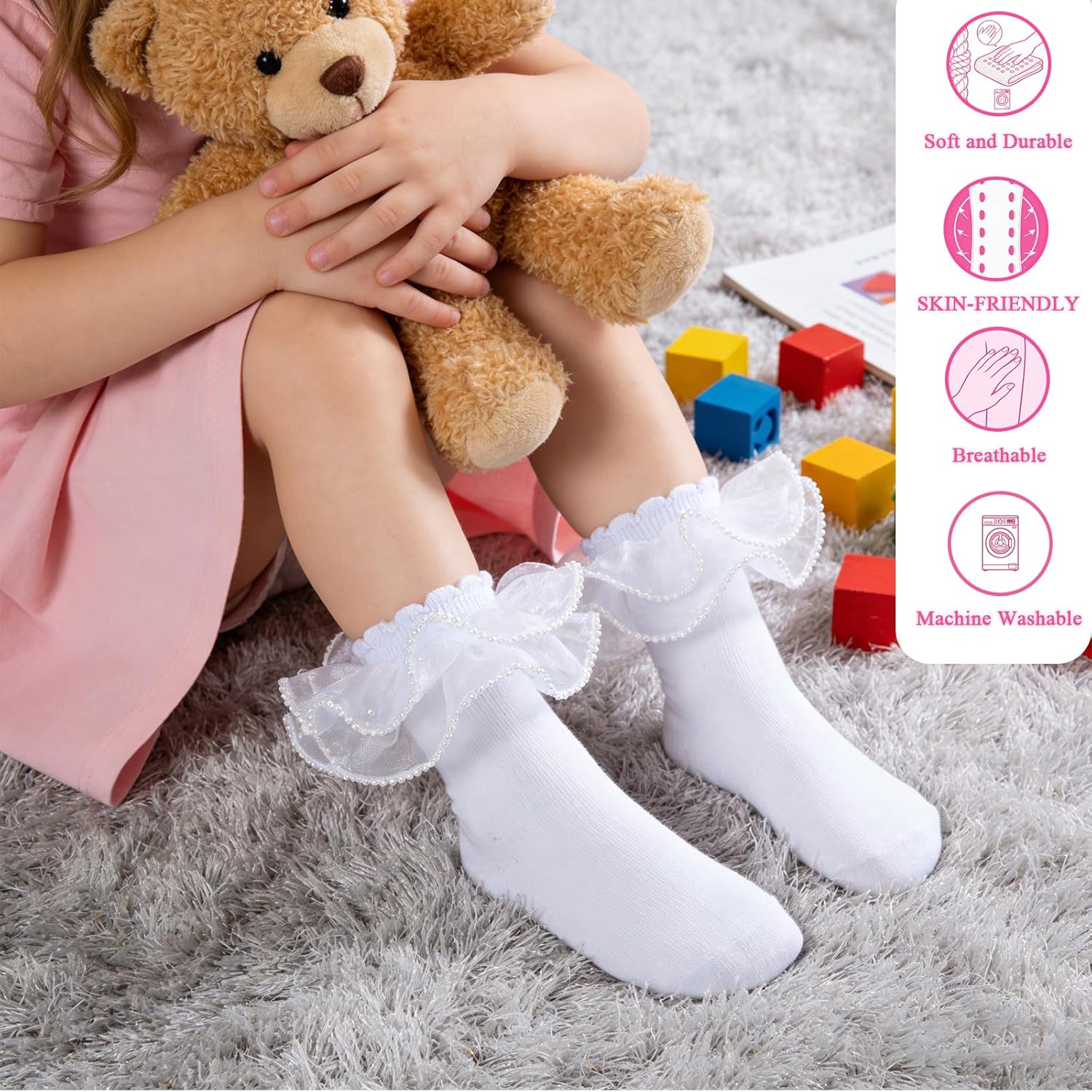 4 Pairs White Girls Ruffle Socks Toddler Cute Pearls Lace Frilly Dress Socks Church Fancy Sock for Little Kids Baby - Image 4